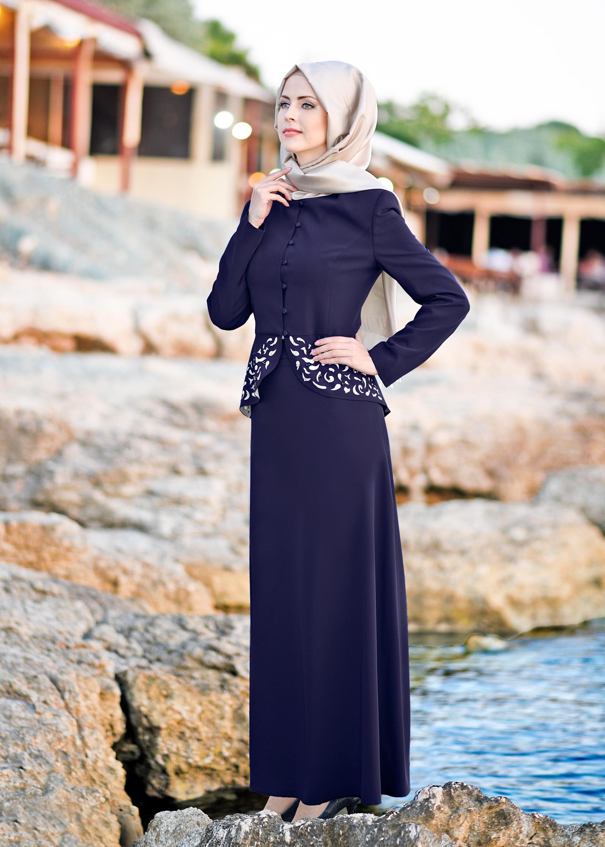 Tesettür giyim LACİVERT 3392E ASLI 5929 2′Lİ ETEKLİ TAKIM 40/48 TEK38
