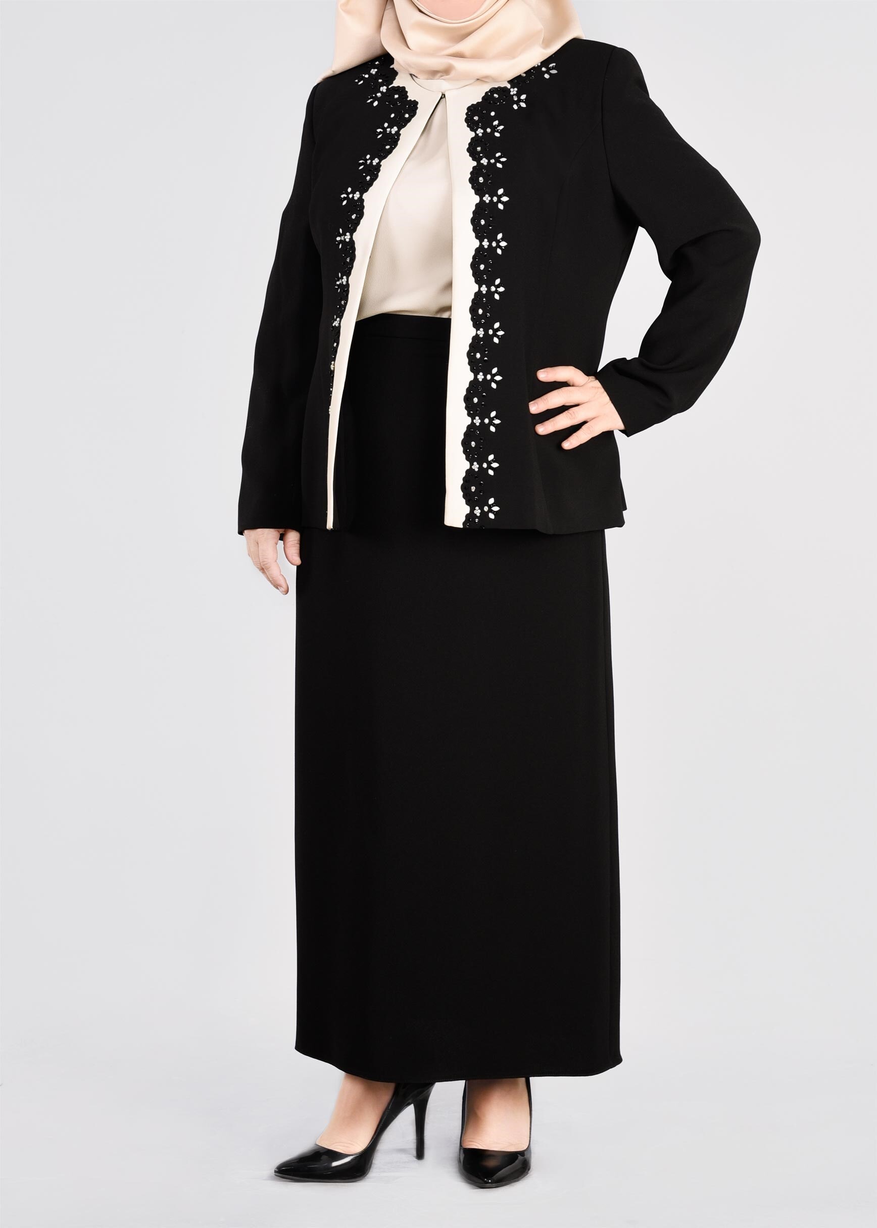 Tesettür giyim SİYAH 3399E MARAL 5985 3′LÜ ETEKLİ TAKIM 46/52 TEK44