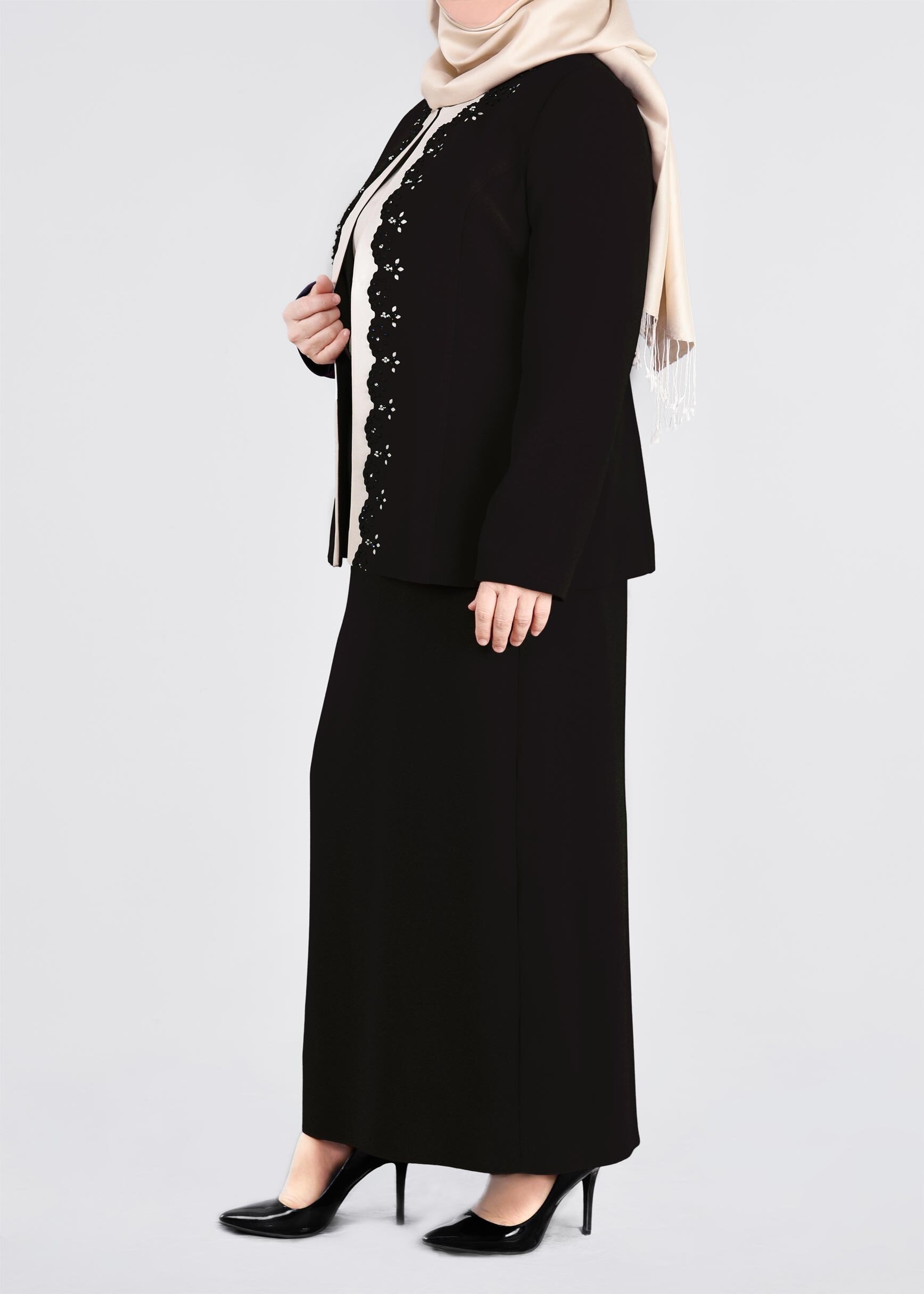 Tesettür giyim SİYAH 3399E MARAL 5985 3′LÜ ETEKLİ TAKIM 46/52 TEK44