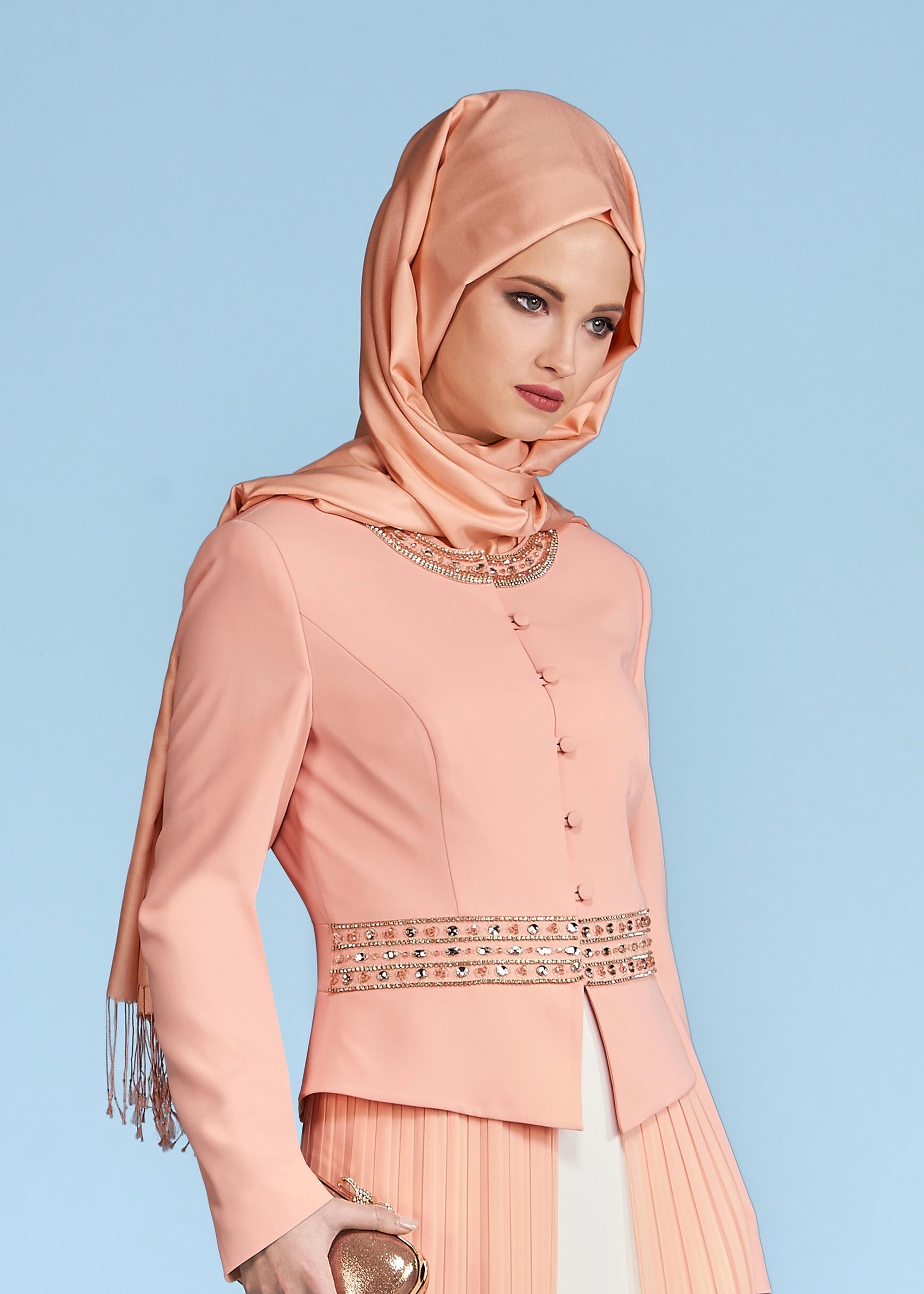 Tesettür giyim PUDRA 3369 ADRİNA 5587 2&prime;Lİ ELBİSELİ TAKIM 38/46