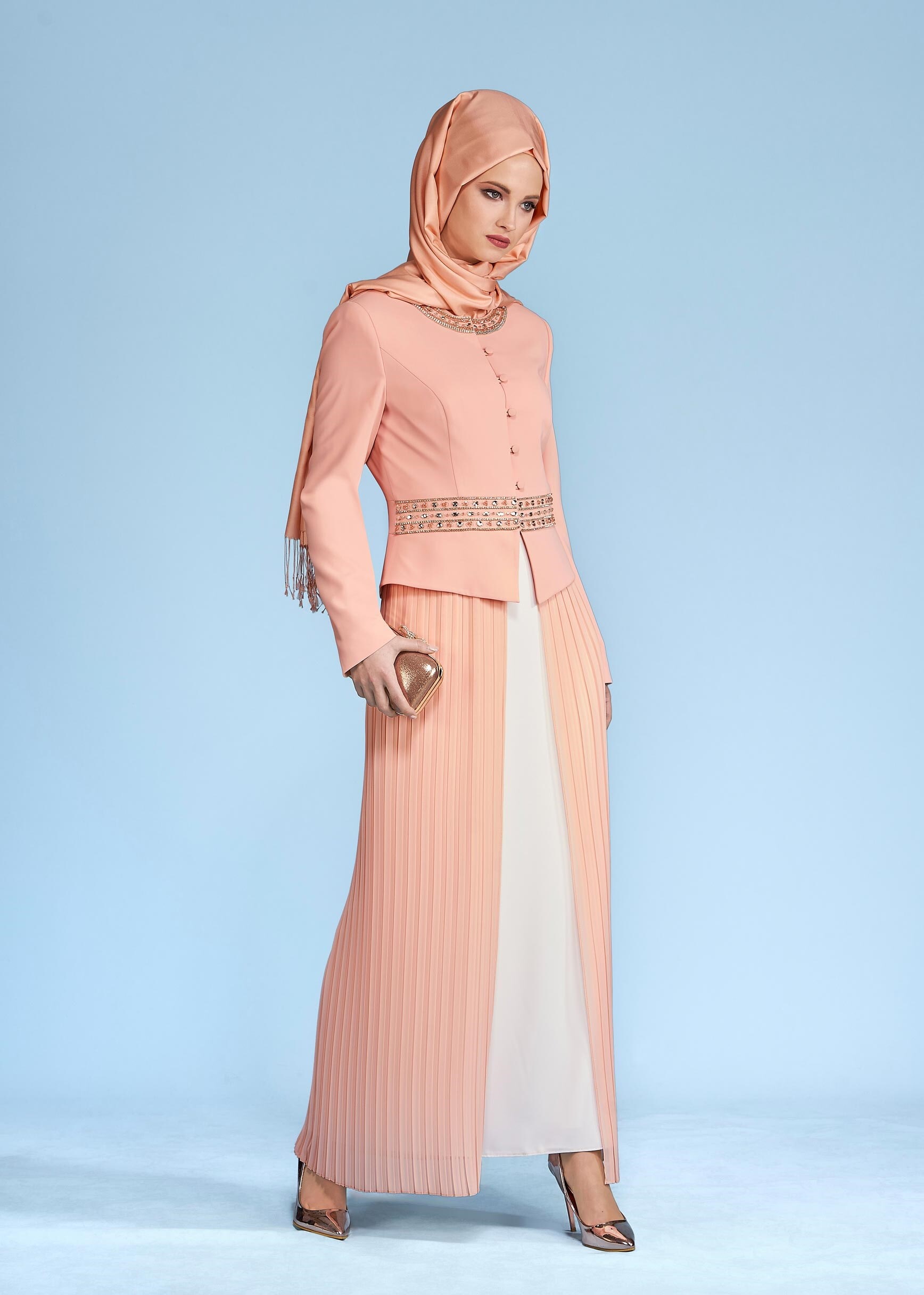 Tesettür giyim PUDRA 3369 ADRİNA 5587 2&prime;Lİ ELBİSELİ TAKIM 38/46