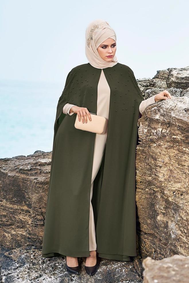 Tesettür giyim HAKİ 3376 ESİNTİ 2′Lİ ELBİSELİ TAKIM 42/48 - ALVİNA