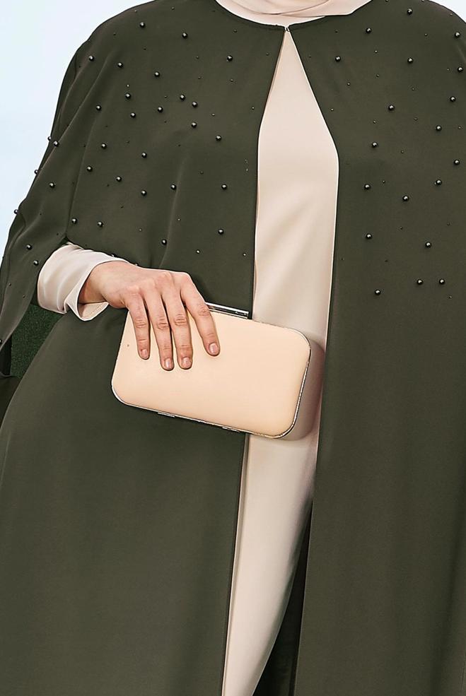 Tesettür giyim HAKİ 3376 ESİNTİ 2′Lİ ELBİSELİ TAKIM 42/48 - ALVİNA