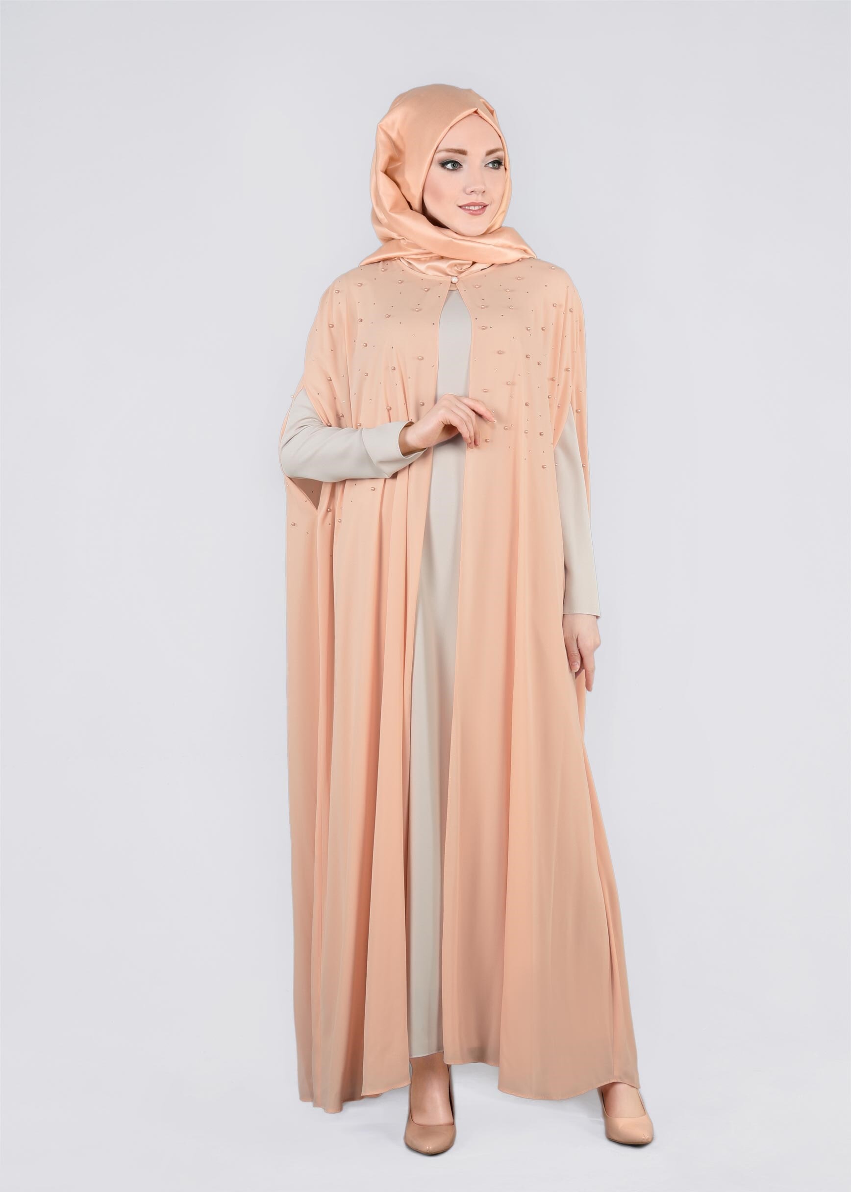 Tesettür giyim PUDRA 3376 ESİNTİ 2&prime;Lİ ELBİSELİ TAKIM 42/48