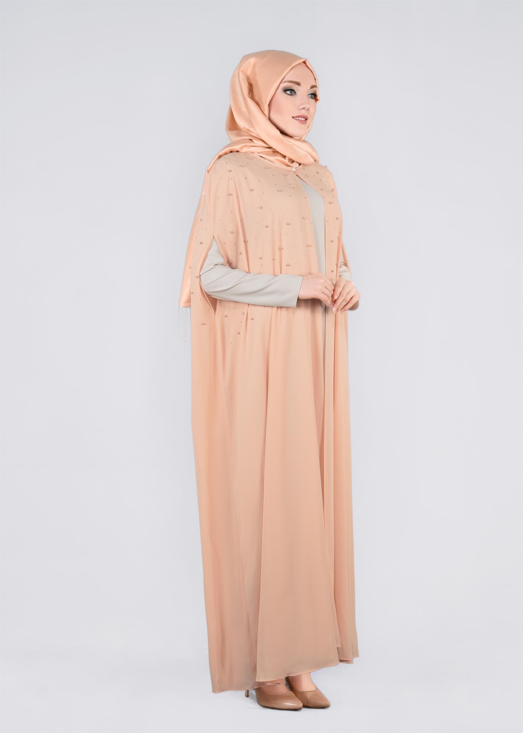 Tesettür giyim PUDRA 3376 ESİNTİ 2&prime;Lİ ELBİSELİ TAKIM 42/48