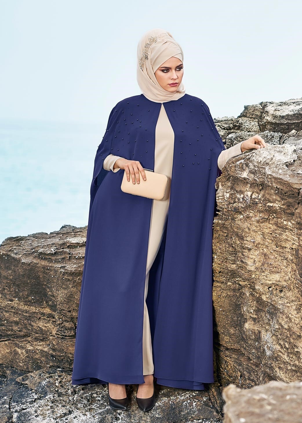 Tesettür giyim MAVİ 3376 ESİNTİ 2&prime;Lİ ELBİSELİ TAKIM 42/48