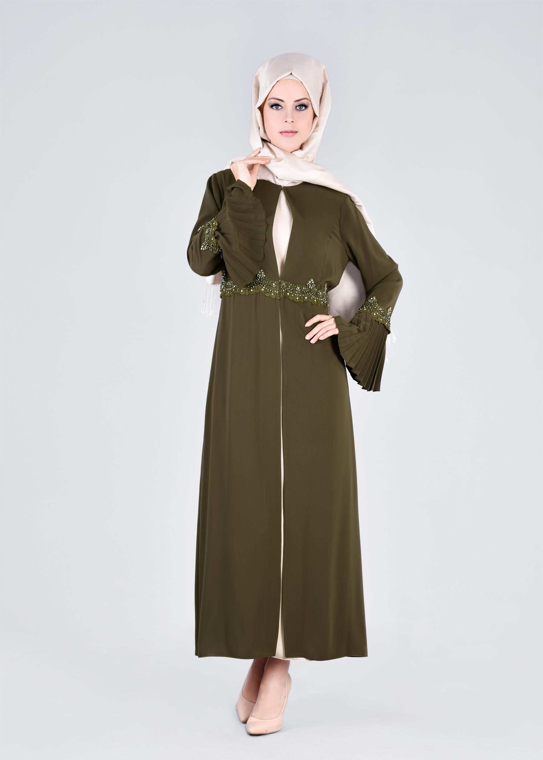 Tesettür giyim HAKİ 3379 VİRONA 2′Lİ ELBİSELİ TAKIM 42/48