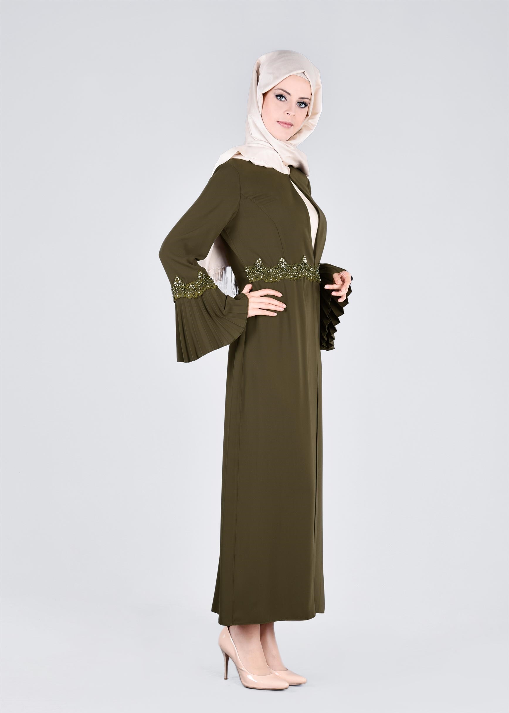 Tesettür giyim HAKİ 3379 VİRONA 2′Lİ ELBİSELİ TAKIM 42/48