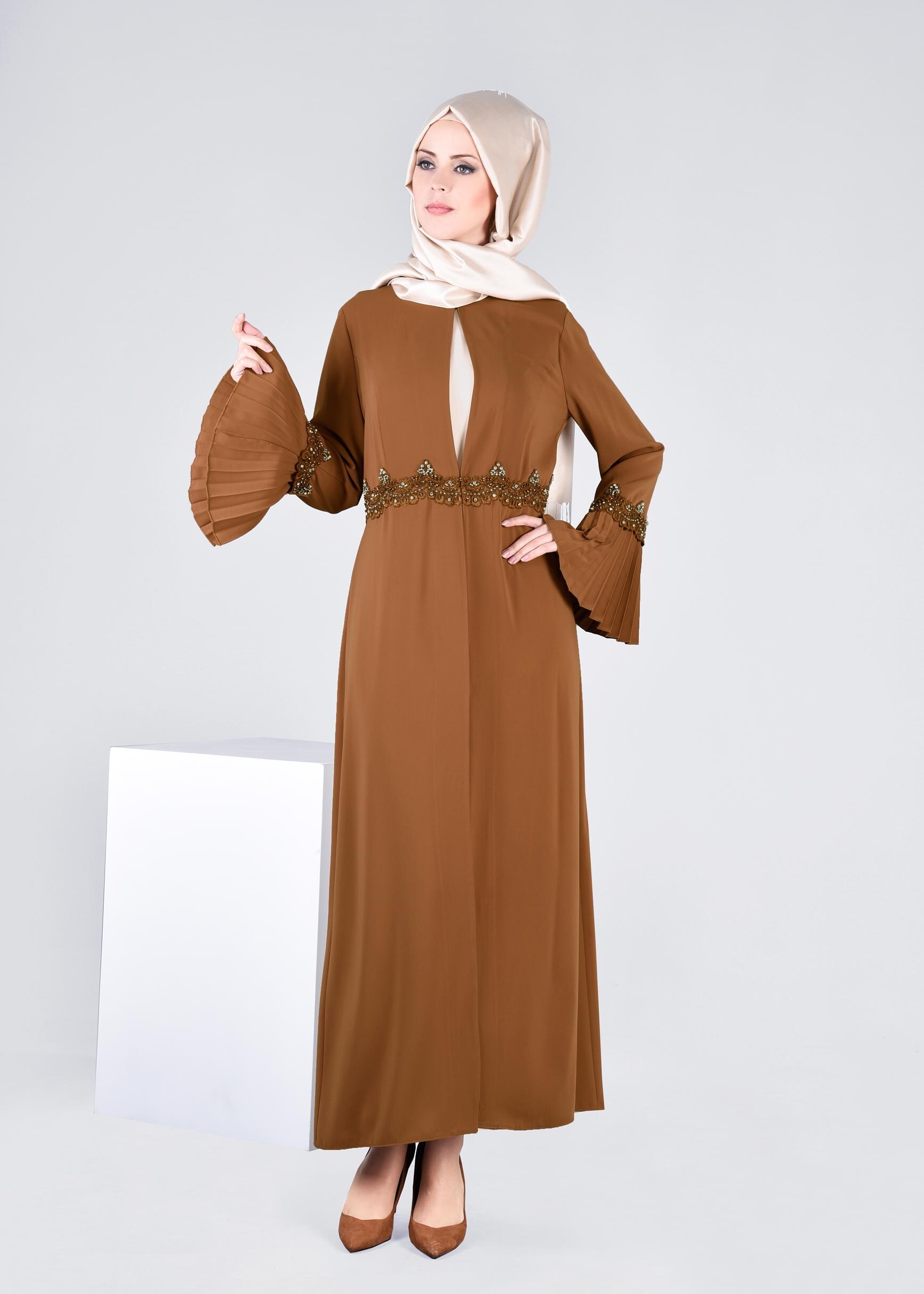 Tesettür giyim TABA İKİLİ ELBİSELİ TAKIM 3379