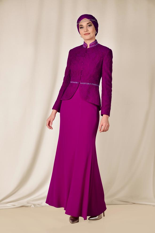Hijab clothing FUCHSIA Stone and Guipure Detailed Binary Skirted Suit 3383  - ALVİNA