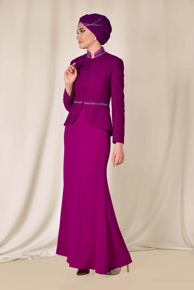 Hijab clothing FUCHSIA Stone and Guipure Detailed Binary Skirted Suit 3383  - ALVİNA