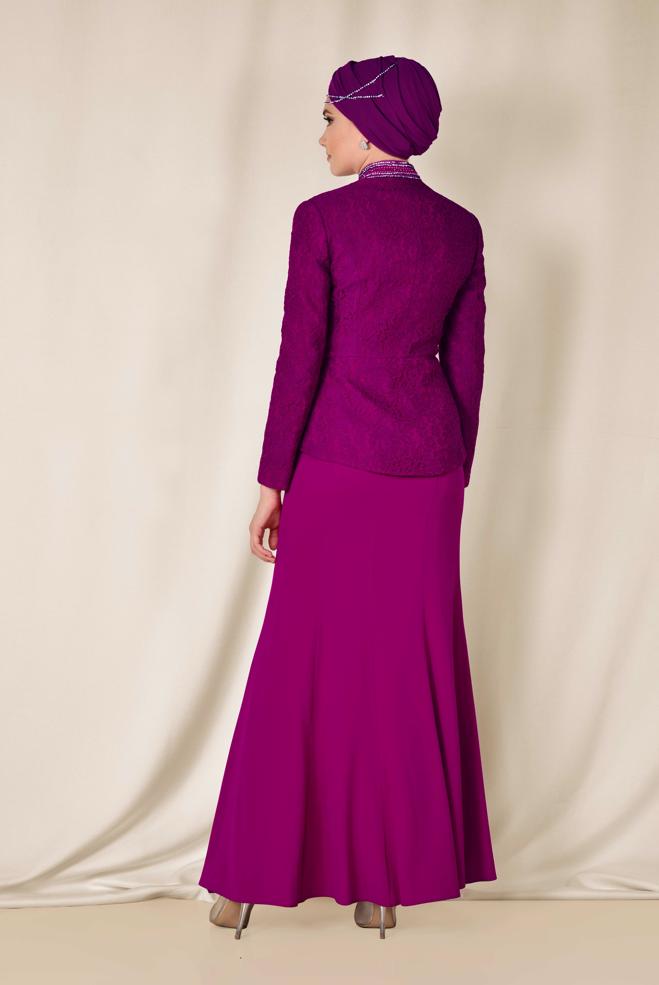 Hijab clothing FUCHSIA Stone and Guipure Detailed Binary Skirted Suit 3383  - ALVİNA