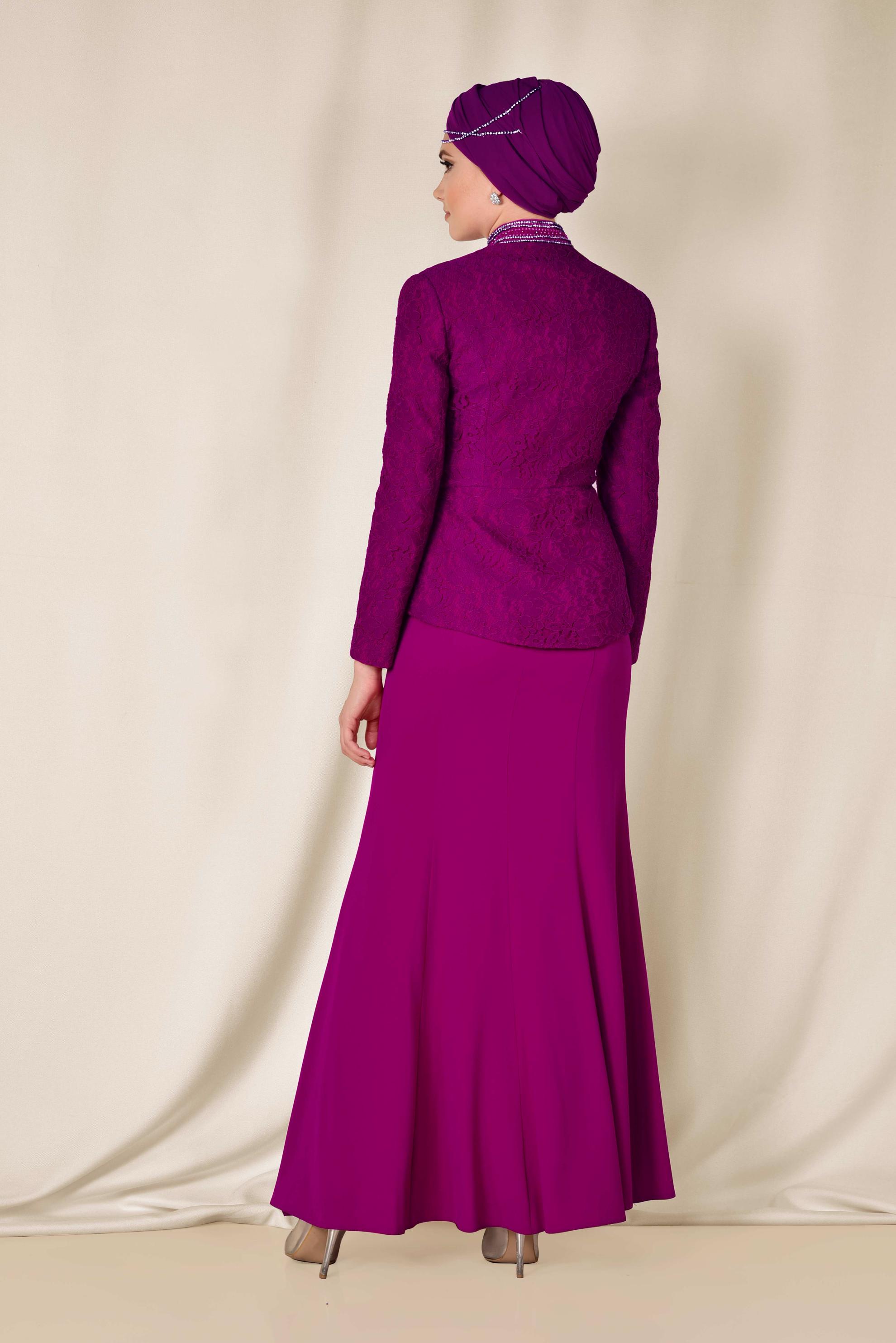 Tesettür giyim FUŞYA TAŞ VE GÜPÜR DETAYLI 2′Lİ ELBİSELİ TAKIM 3383