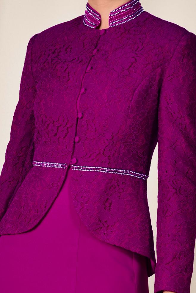 Hijab clothing FUCHSIA Stone and Guipure Detailed Binary Skirted Suit 3383  - ALVİNA