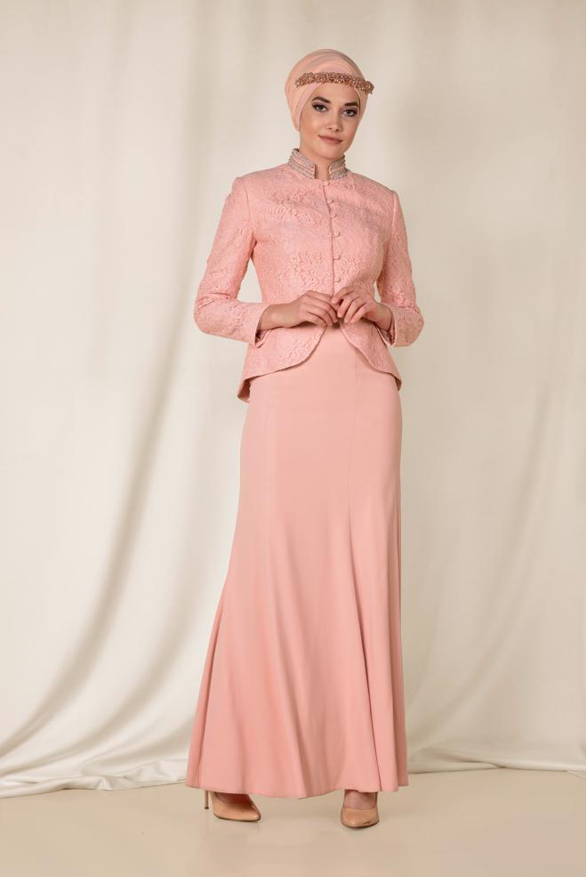 Hijab clothing POWDER Stone and Guipure Detailed Binary Skirted Suit 3383  - ALVİNA