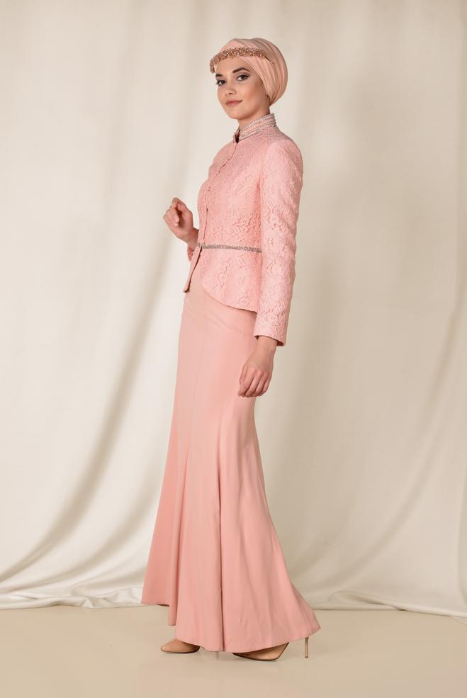 Hijab clothing POWDER Stone and Guipure Detailed Binary Skirted Suit 3383  - ALVİNA