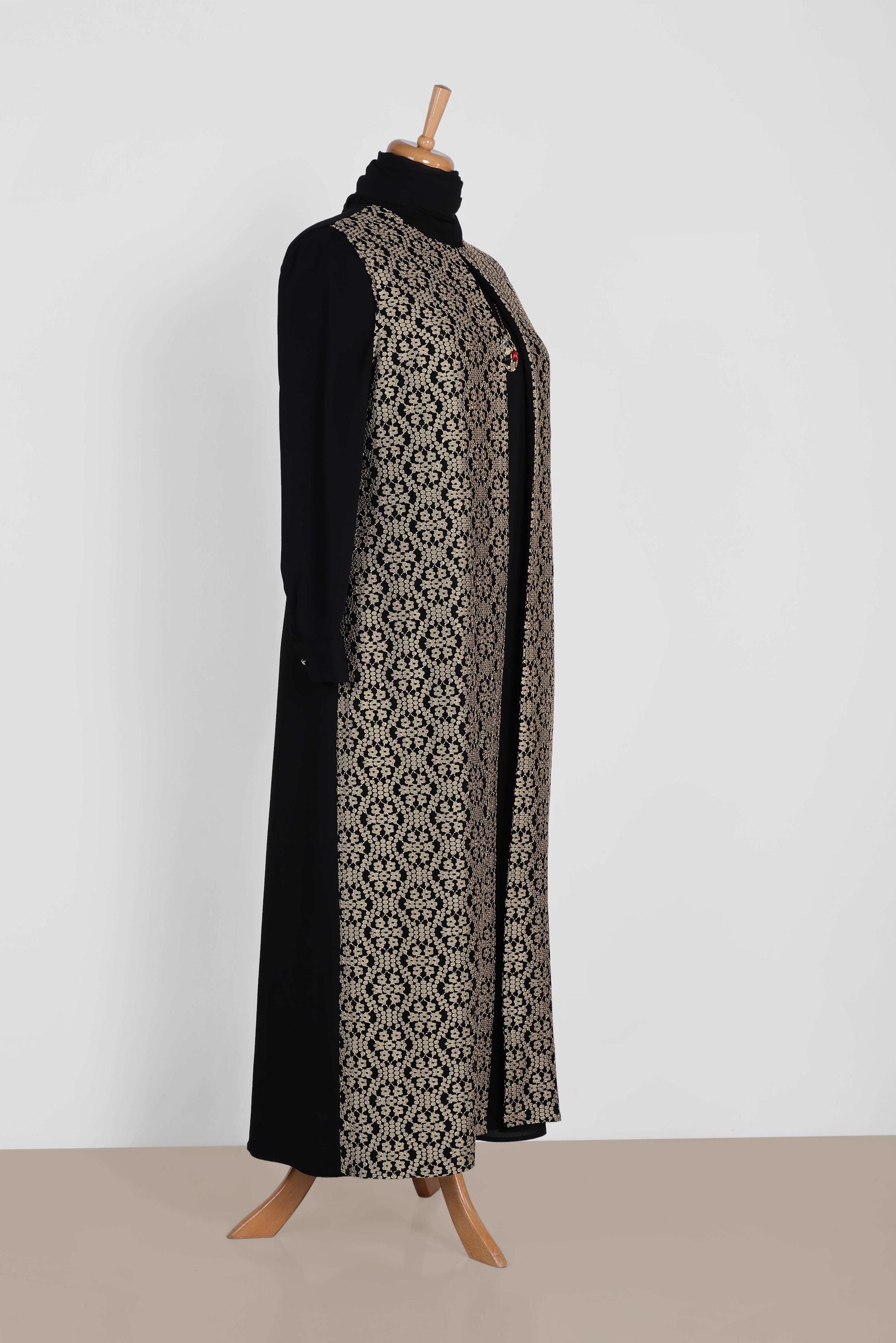 Tesettür giyim SİYAH 3390 NİL CREP 2&prime;Lİ ELBİSELİ TAKIM 44/50 TEK46