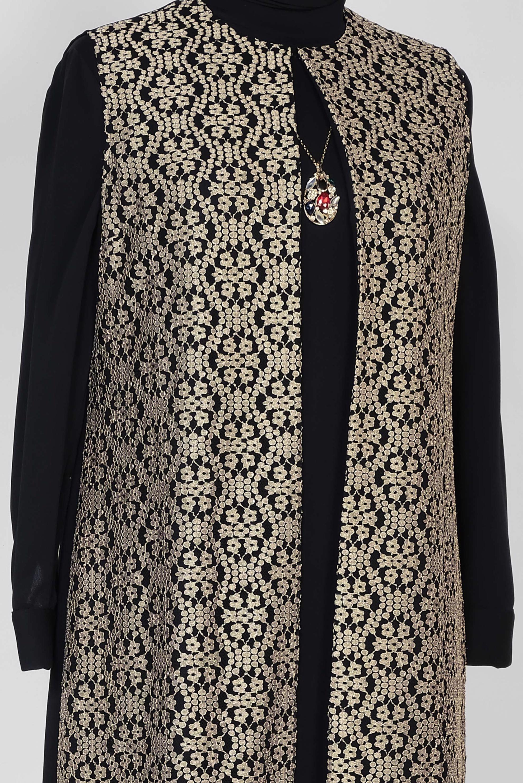 Tesettür giyim SİYAH 3390 NİL CREP 2&prime;Lİ ELBİSELİ TAKIM 44/50 TEK46