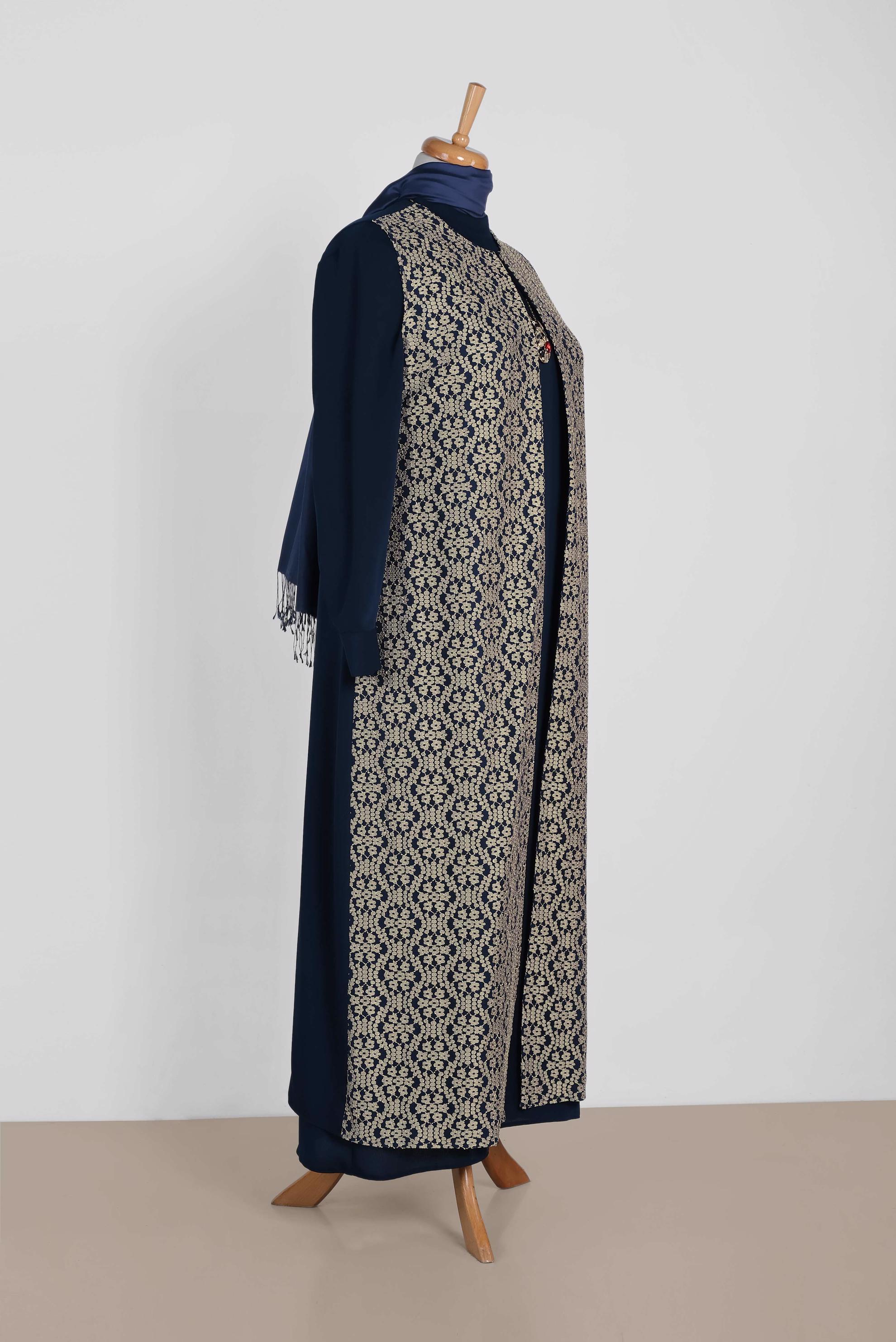 Tesettür giyim LACİVERT 3390 NİL CREP 2&prime;Lİ ELBİSELİ TAKIM 44/50 TEK46