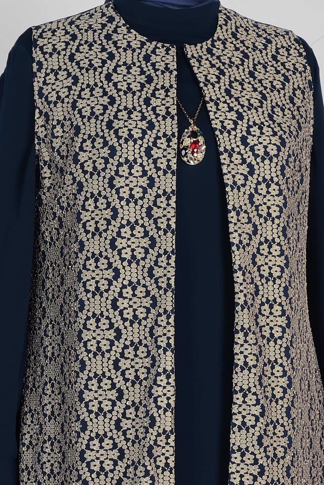 Vêtements hijab BLEU MARINE 3390 NİL CREP 2′Lİ ELBİSELİ TAKIM 44/50 TEK46 - ALVİNA