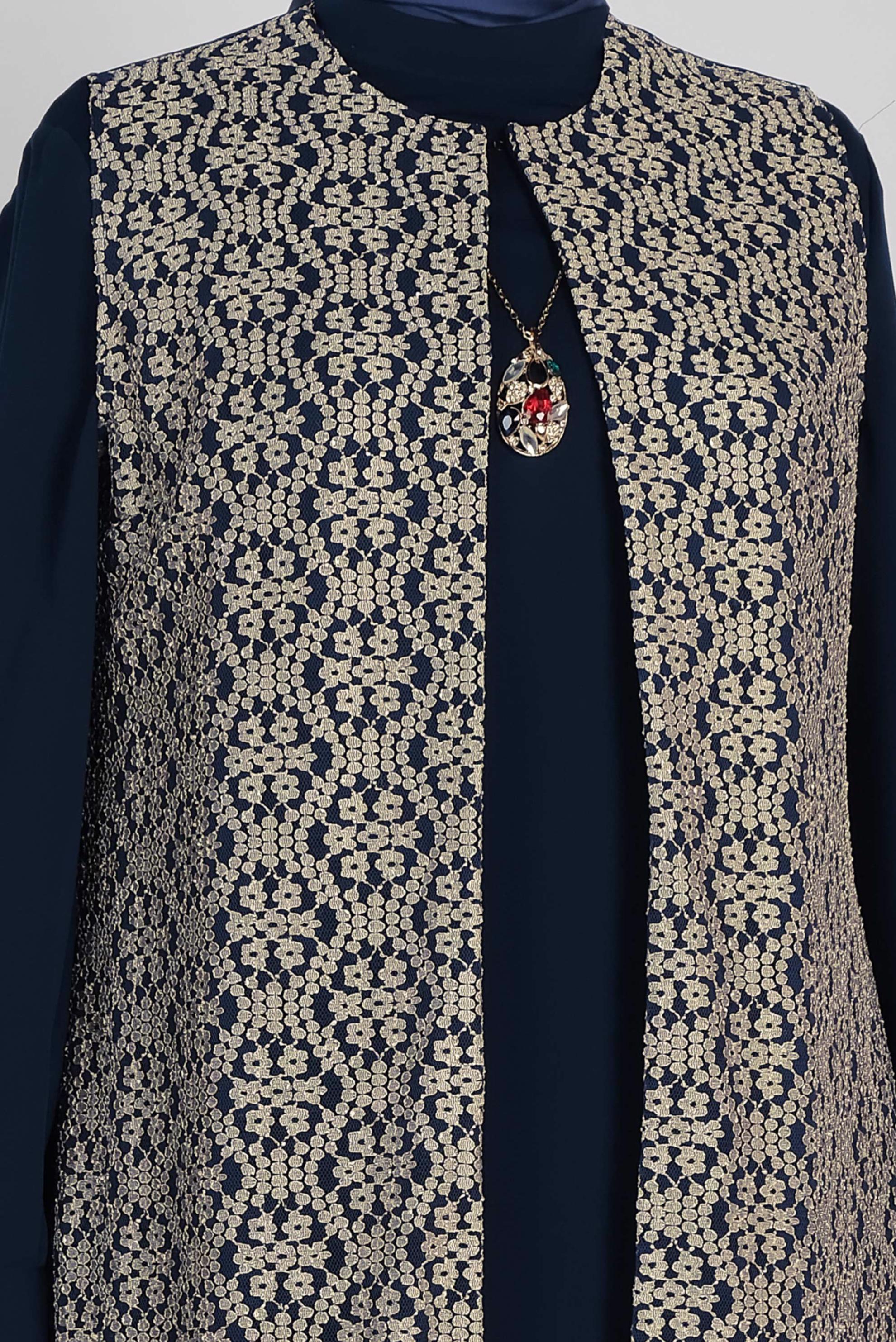 Tesettür giyim LACİVERT 3390 NİL CREP 2&prime;Lİ ELBİSELİ TAKIM 44/50 TEK46