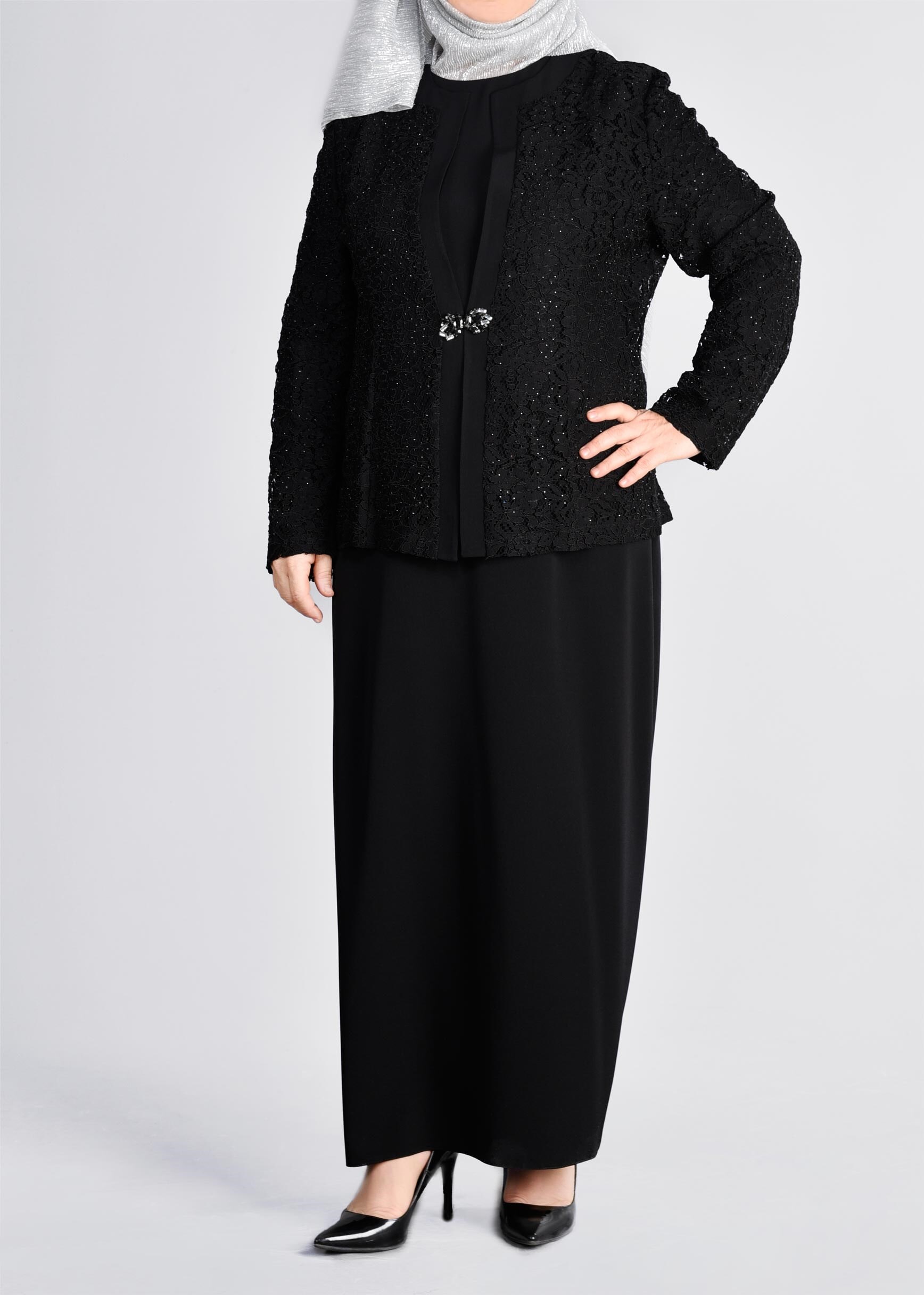 Tesettür giyim SİYAH 3395 NEW LOREN 2′Lİ ELBİSELİ TAKIM 44/50 TEK46