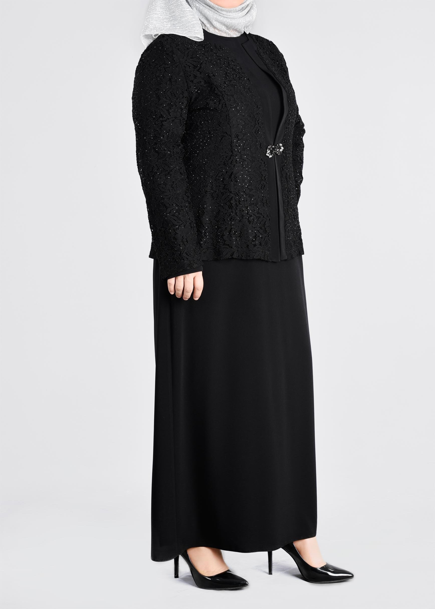 Tesettür giyim SİYAH 3395 NEW LOREN 2′Lİ ELBİSELİ TAKIM 44/50 TEK46