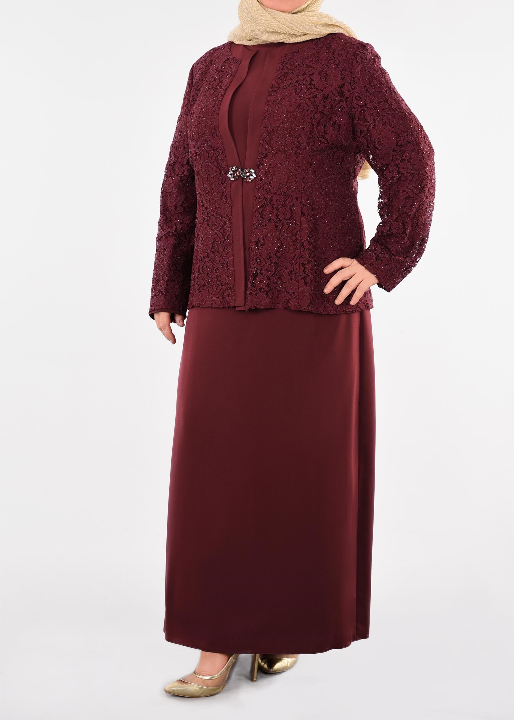 Tesettür giyim BORDO 3395 NEW LOREN 2&prime;Lİ ELBİSELİ TAKIM 44/50 TEK46