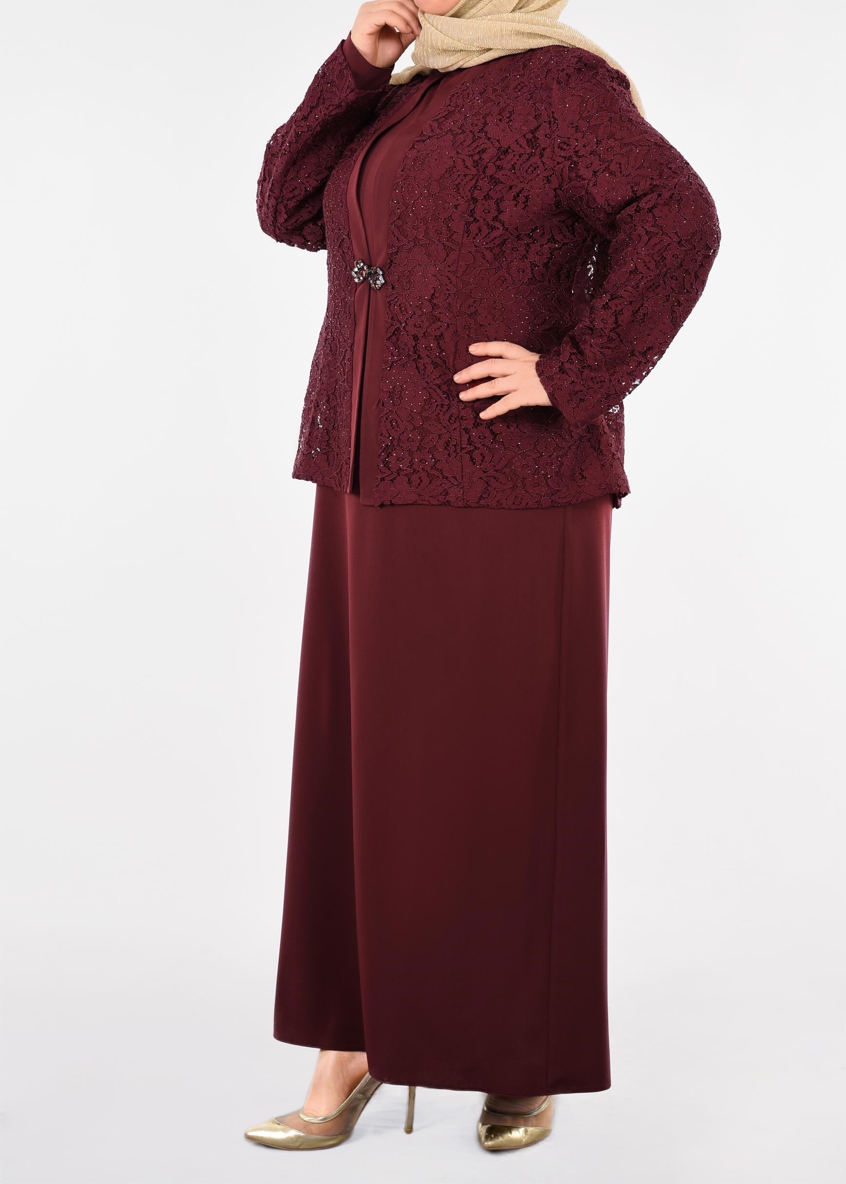 Tesettür giyim BORDO 3395 NEW LOREN 2&prime;Lİ ELBİSELİ TAKIM 44/50 TEK46