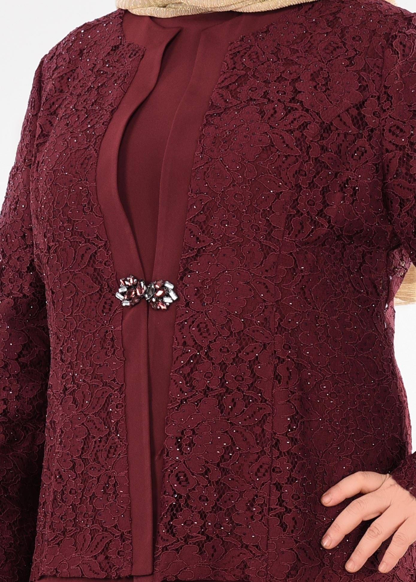 Tesettür giyim BORDO 3395 NEW LOREN 2&prime;Lİ ELBİSELİ TAKIM 44/50 TEK46