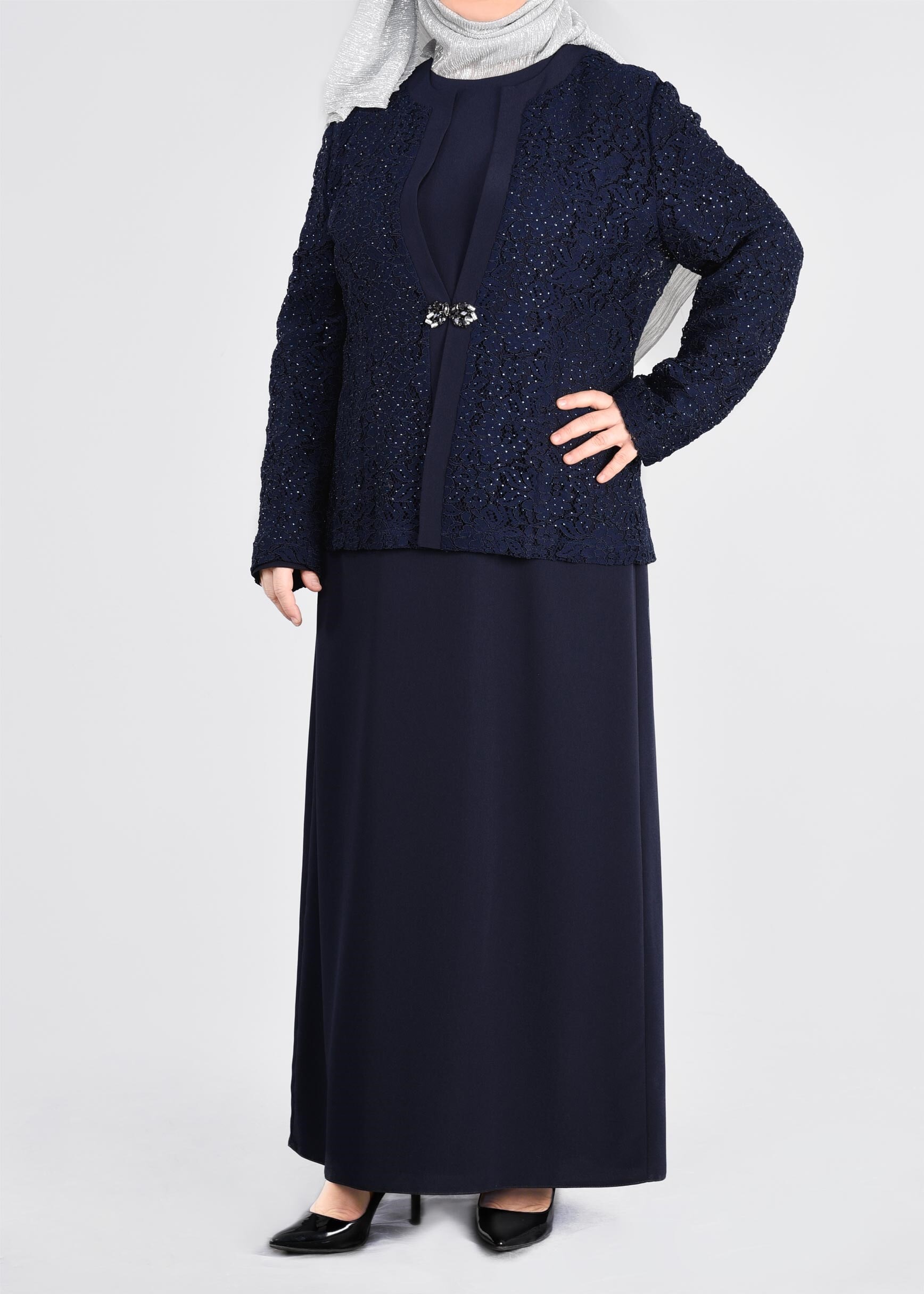 Tesettür giyim LACİVERT 3395 NEW LOREN 2&prime;Lİ ELBİSELİ TAKIM 44/50 TEK46