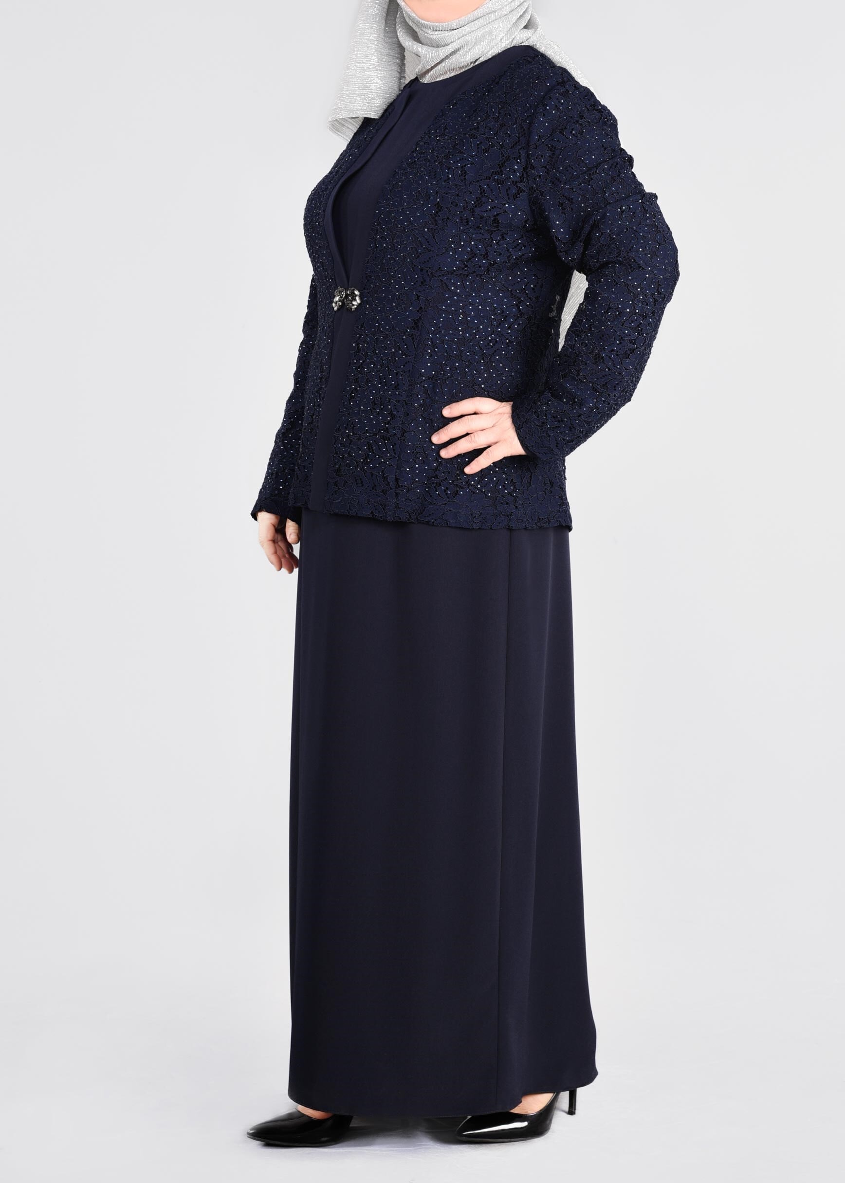 Tesettür giyim LACİVERT 3395 NEW LOREN 2&prime;Lİ ELBİSELİ TAKIM 44/50 TEK46