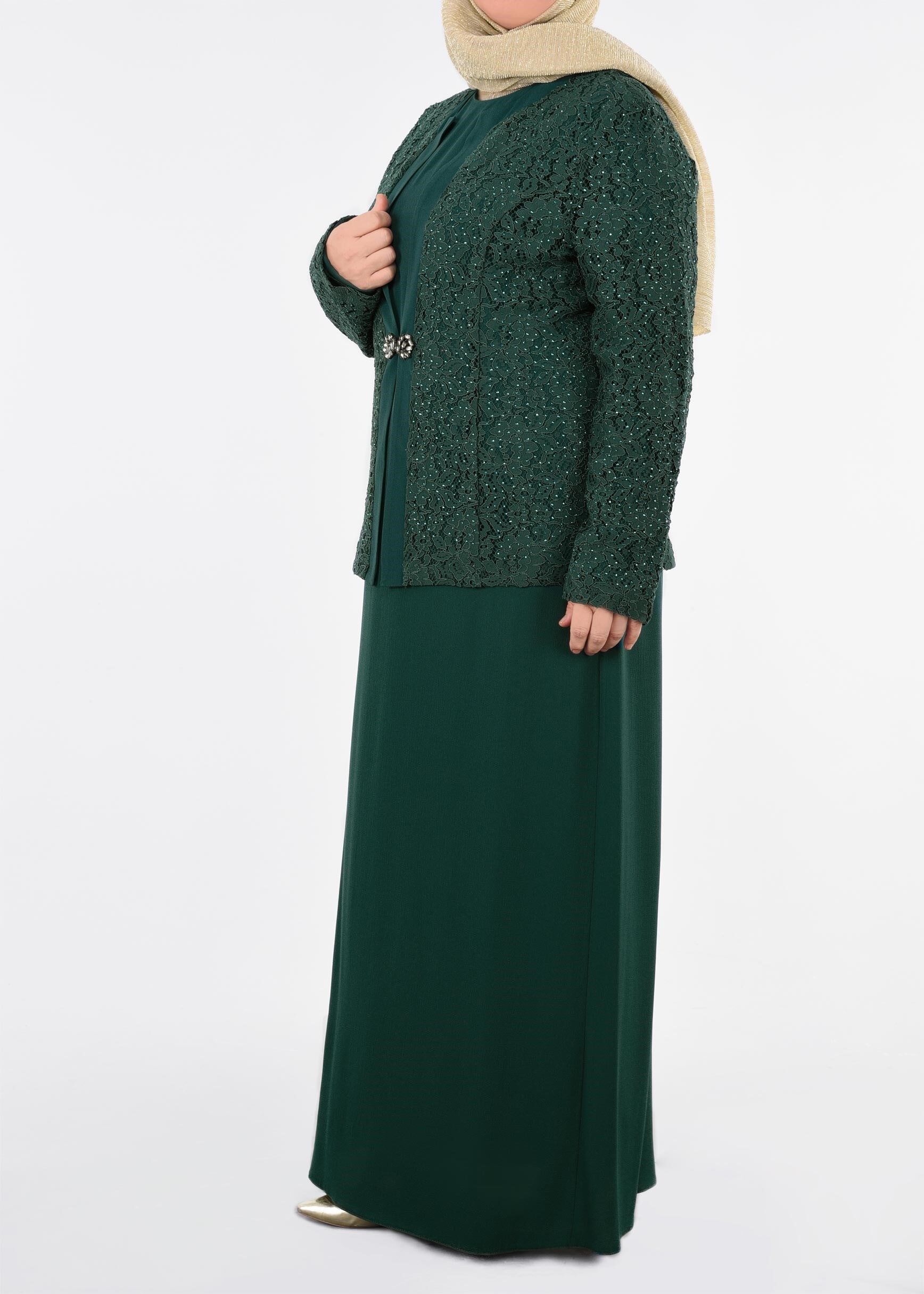 Tesettür giyim YEŞİL 3395 NEW LOREN 2&prime;Lİ ELBİSELİ TAKIM 44/50 TEK46