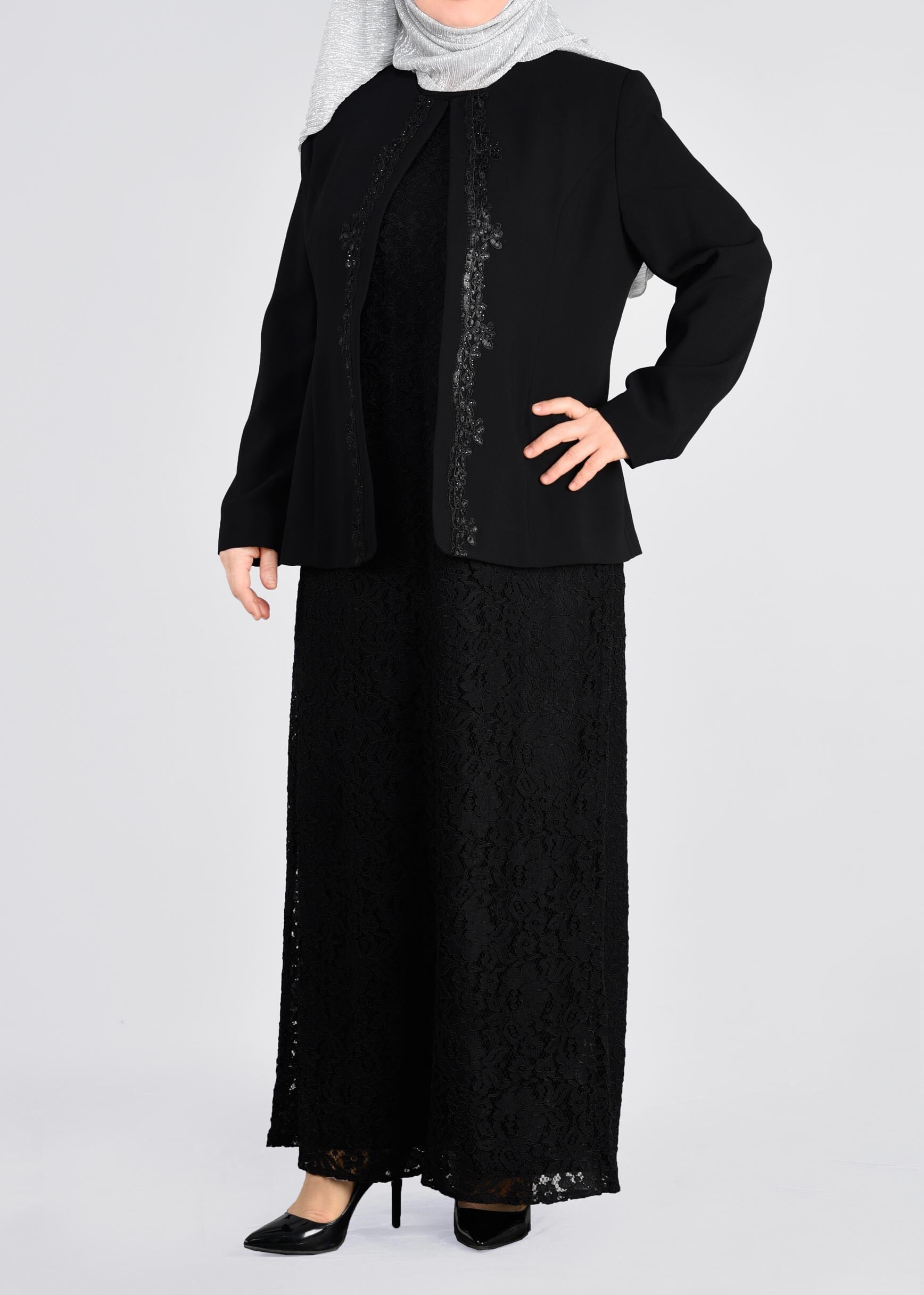 Tesettür giyim SİYAH 3398 SAFİR DANTEL 2&prime;Lİ ELB.TAKIM 44/48 TEK46