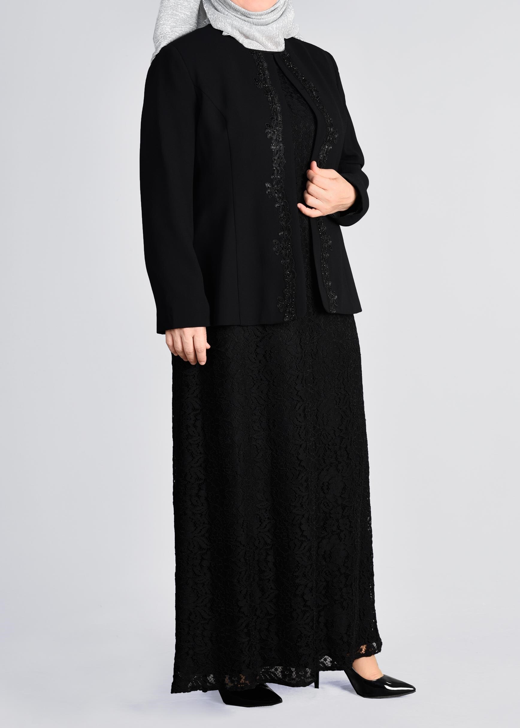 Tesettür giyim SİYAH 3398 SAFİR DANTEL 2&prime;Lİ ELB.TAKIM 44/48 TEK46