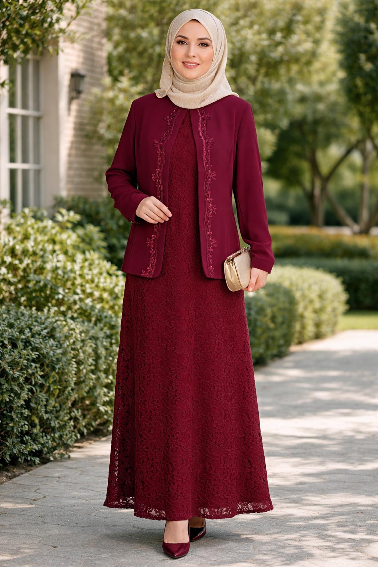 Hijab-Kleidung BURGUND 3398 SAFİR DANTEL 2&prime;Lİ ELB.TAKIM 44/48 TEK46