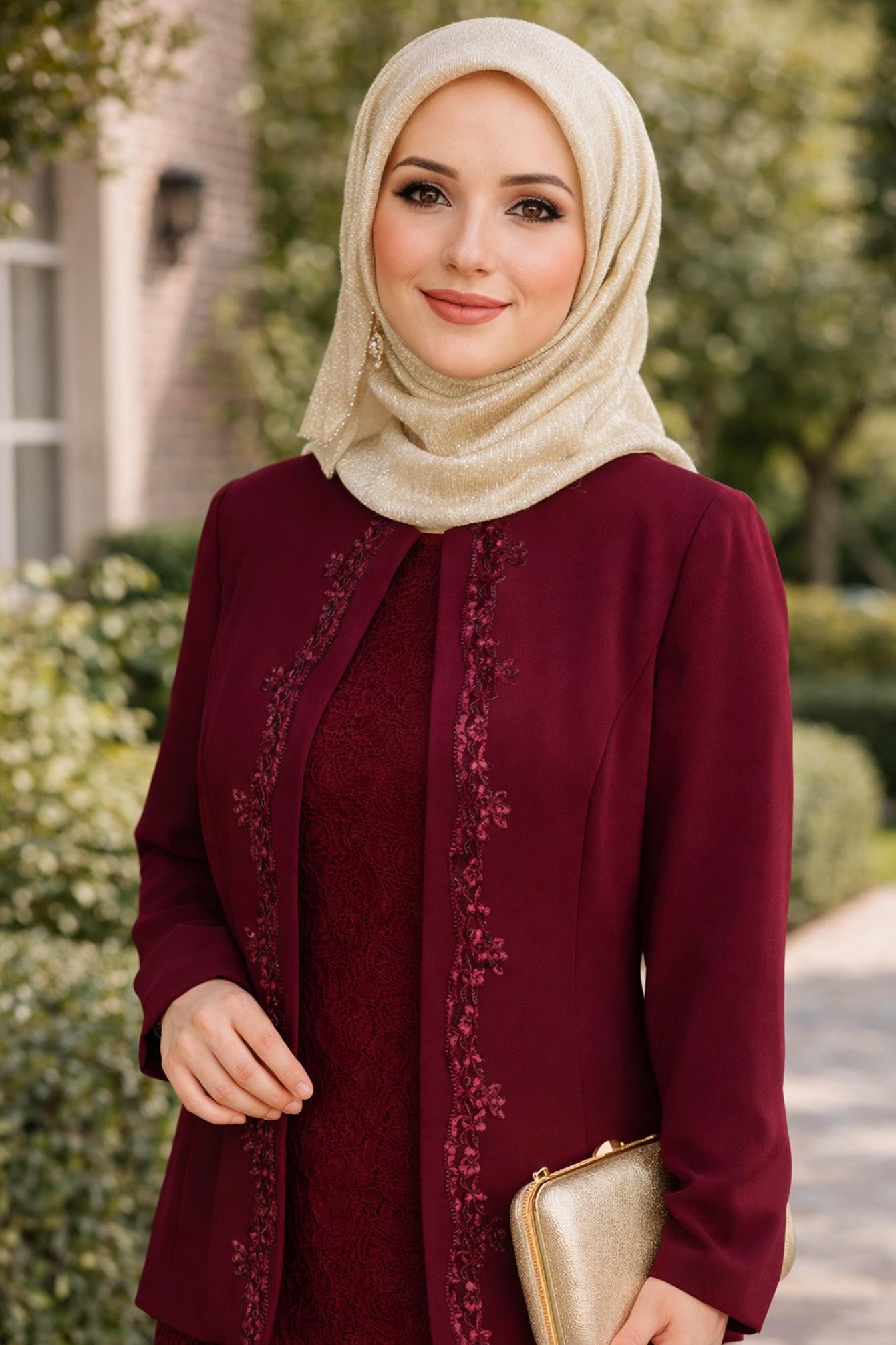 Hijab-Kleidung BURGUND 3398 SAFİR DANTEL 2&prime;Lİ ELB.TAKIM 44/48 TEK46