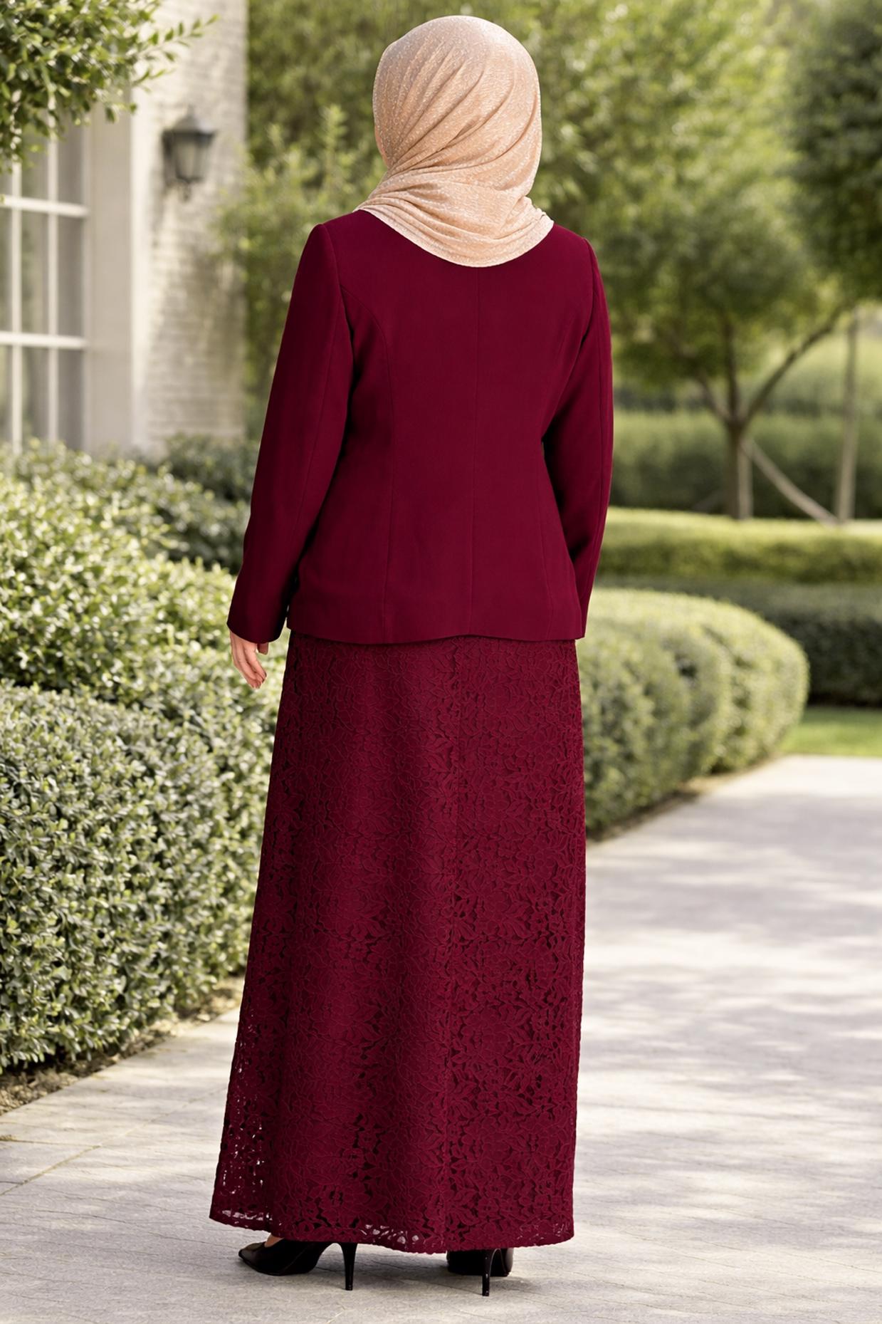 Hijab-Kleidung BURGUND 3398 SAFİR DANTEL 2&prime;Lİ ELB.TAKIM 44/48 TEK46