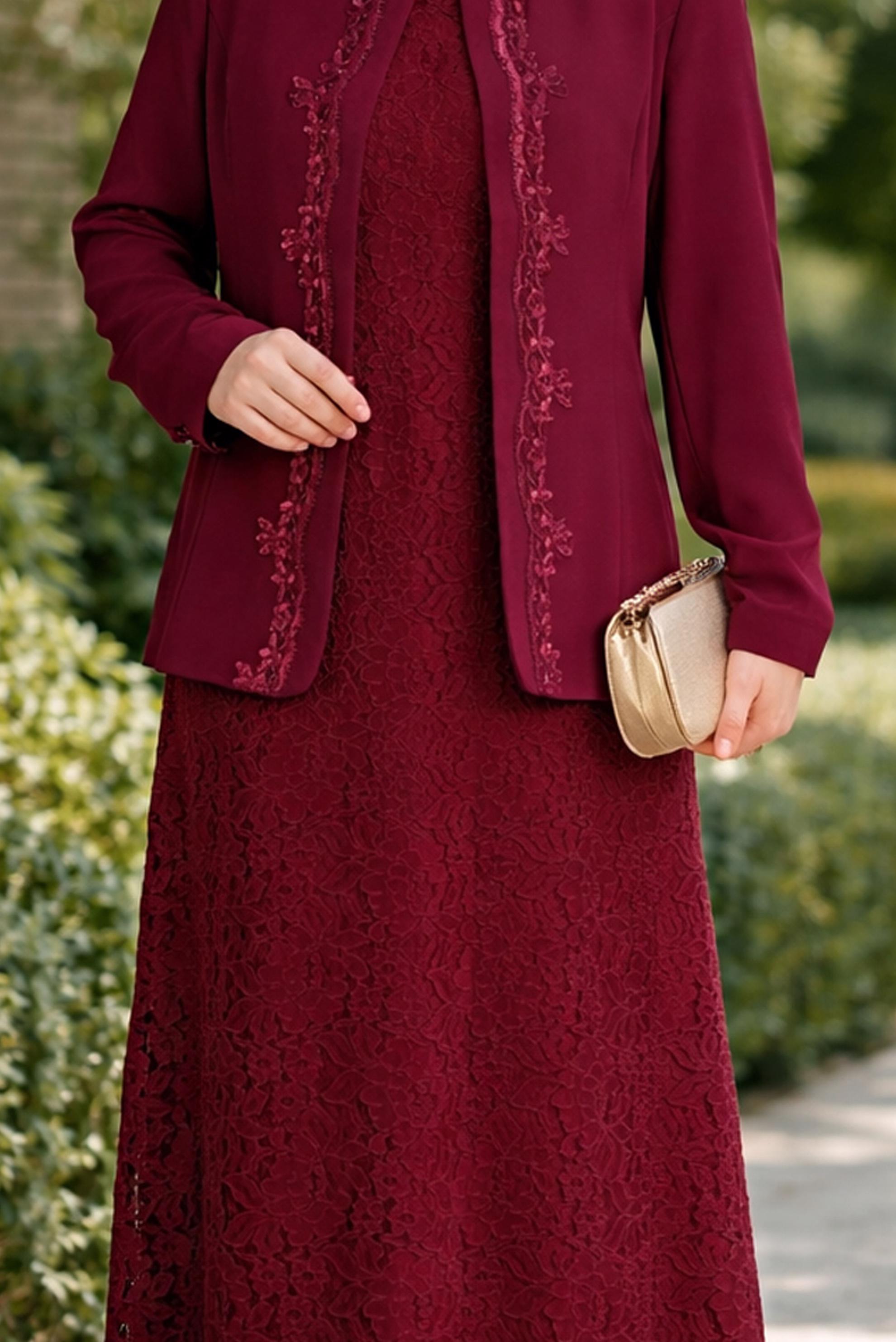 Hijab-Kleidung BURGUND 3398 SAFİR DANTEL 2&prime;Lİ ELB.TAKIM 44/48 TEK46