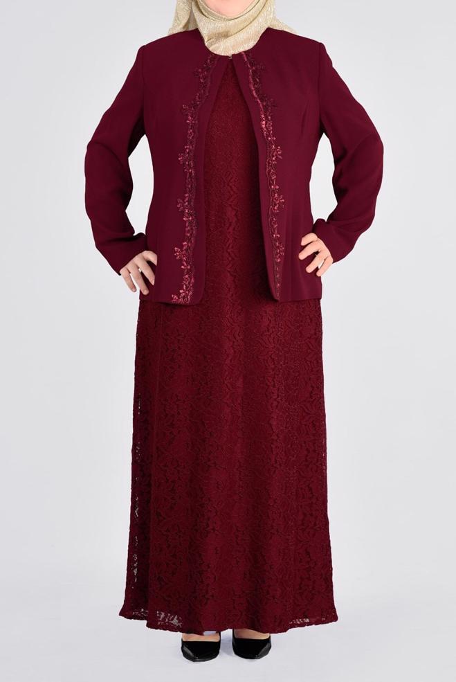 Vêtements hijab ROUGE BORDEAUX 3398 SAFİR DANTEL 2′Lİ ELB.TAKIM 44/48 TEK46 - ALVİNA
