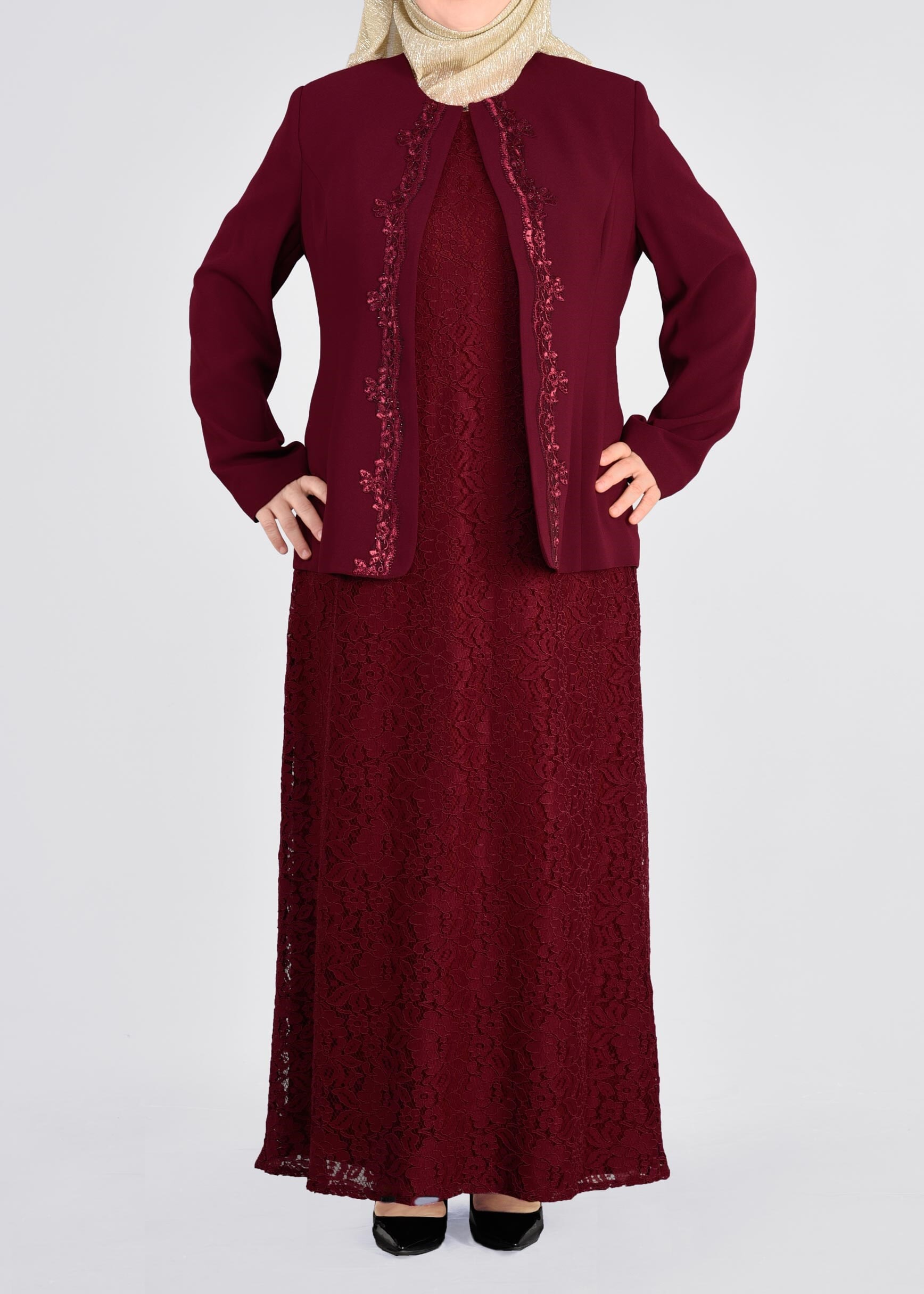 Tesettür giyim BORDO 3398 SAFİR DANTEL 2&prime;Lİ ELB.TAKIM 44/48 TEK46