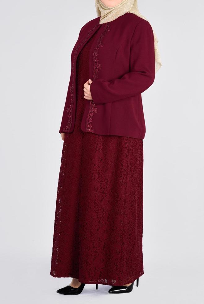 Vêtements hijab ROUGE BORDEAUX 3398 SAFİR DANTEL 2′Lİ ELB.TAKIM 44/48 TEK46 - ALVİNA