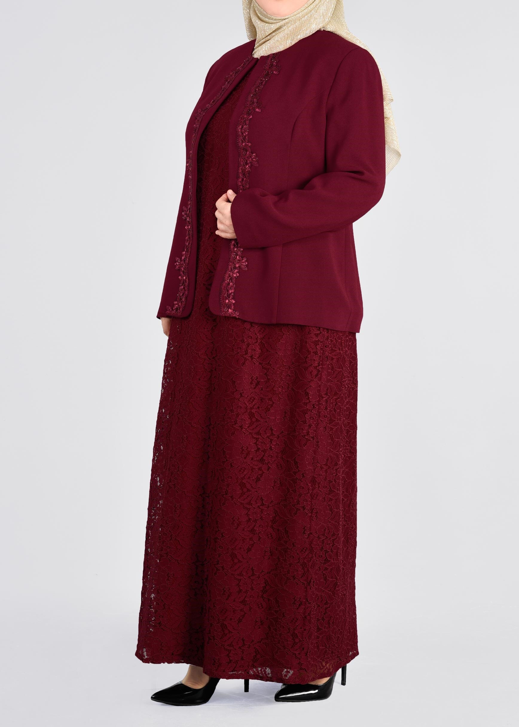Tesettür giyim BORDO 3398 SAFİR DANTEL 2&prime;Lİ ELB.TAKIM 44/48 TEK46