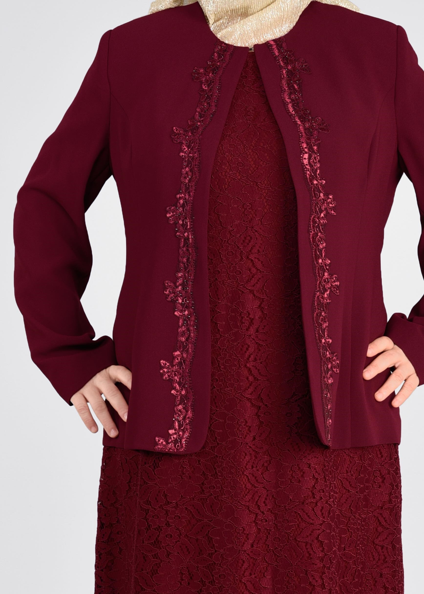Tesettür giyim BORDO 3398 SAFİR DANTEL 2&prime;Lİ ELB.TAKIM 44/48 TEK46