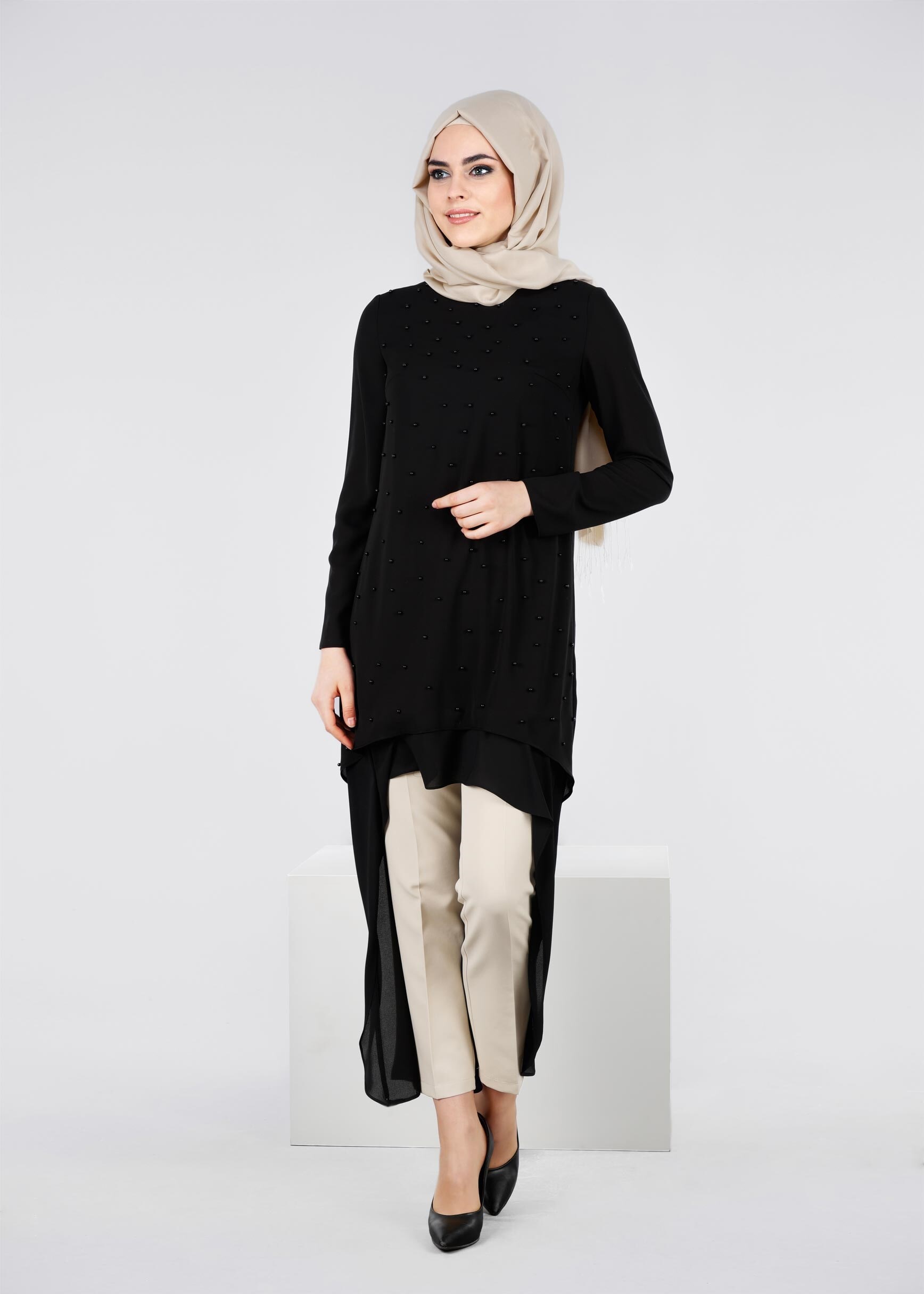 Tesettür giyim SİYAH 3360P ESİNTİ TESETTÜR 2&prime;Lİ PANT.TAKIM 38/46