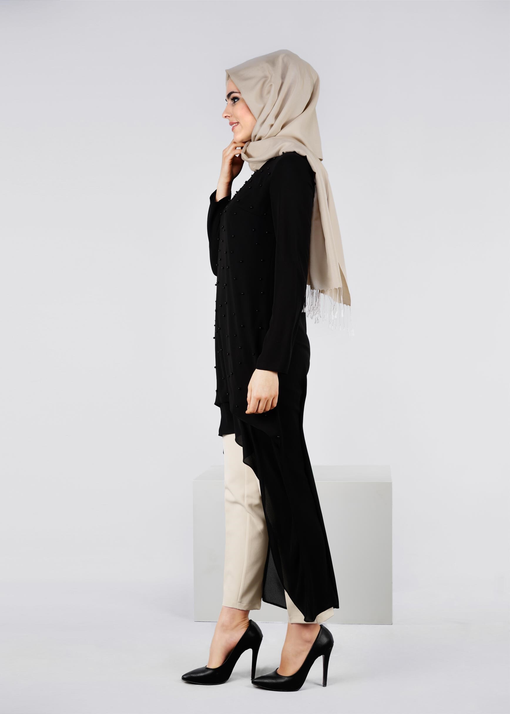 Tesettür giyim SİYAH 3360P ESİNTİ TESETTÜR 2&prime;Lİ PANT.TAKIM 38/46