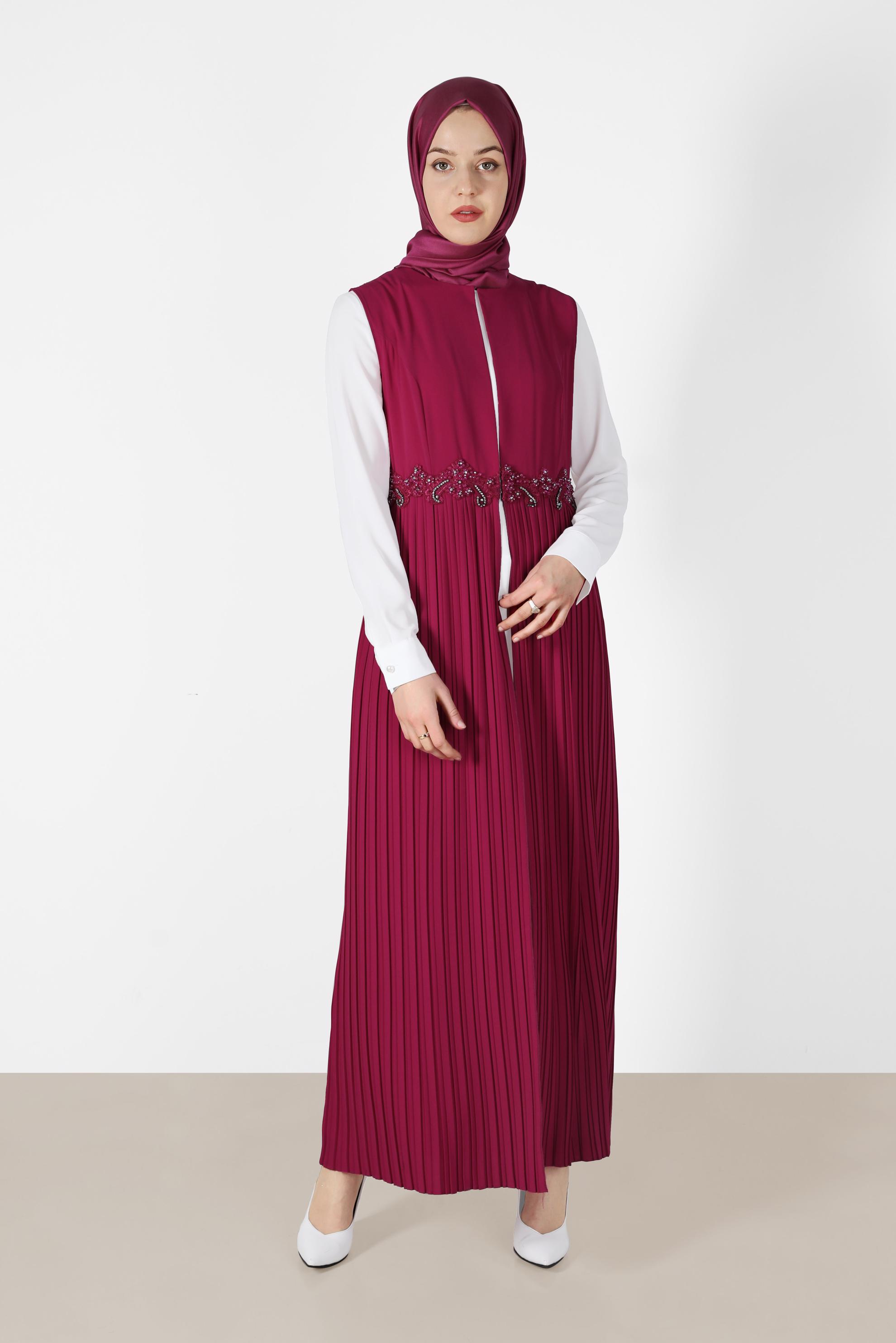 Tesettür giyim FUŞYA İŞLEME DETAYLI ETEĞİ PİLİSELİ 3&prime;LÜ PANT. TAKIM 3381P 