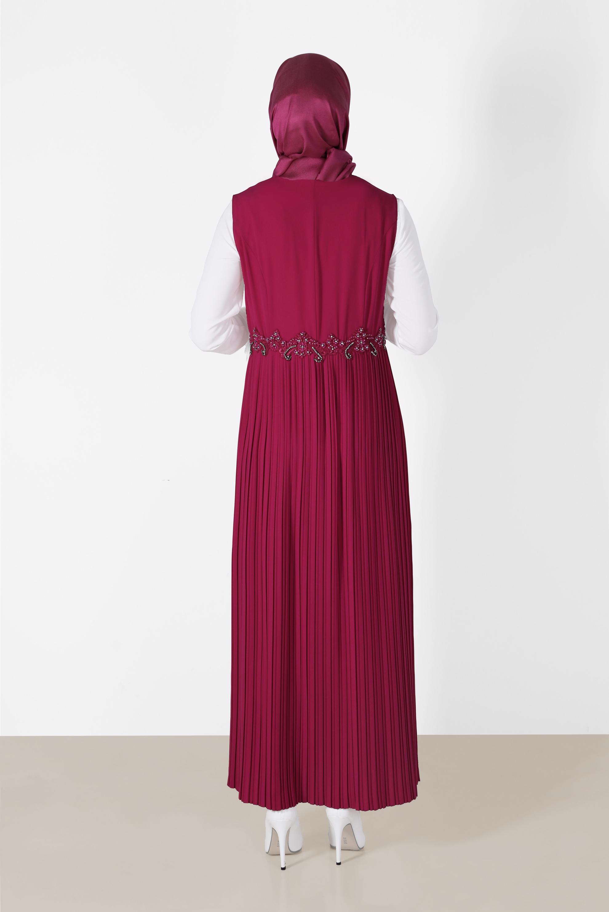 Tesettür giyim FUŞYA İŞLEME DETAYLI ETEĞİ PİLİSELİ 3&prime;LÜ PANT. TAKIM 3381P 