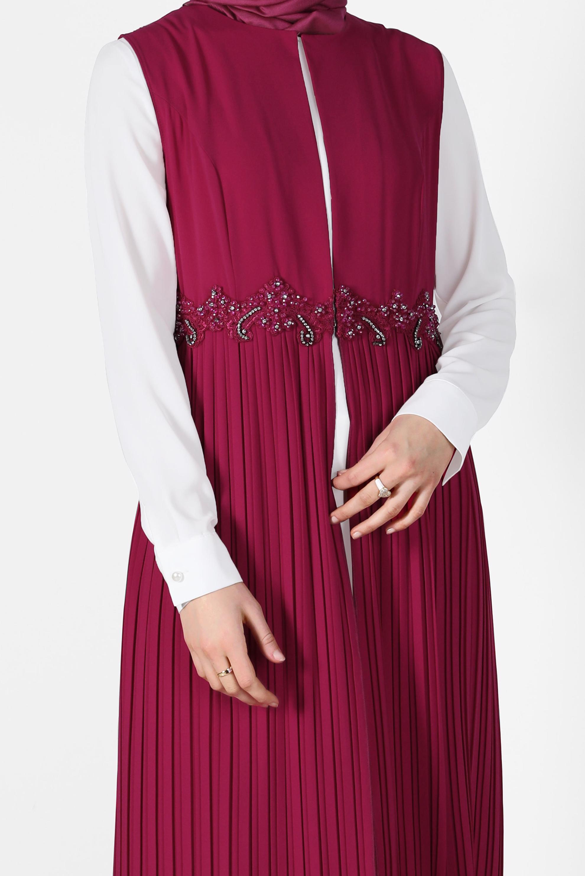 Tesettür giyim FUŞYA İŞLEME DETAYLI ETEĞİ PİLİSELİ 3&prime;LÜ PANT. TAKIM 3381P 