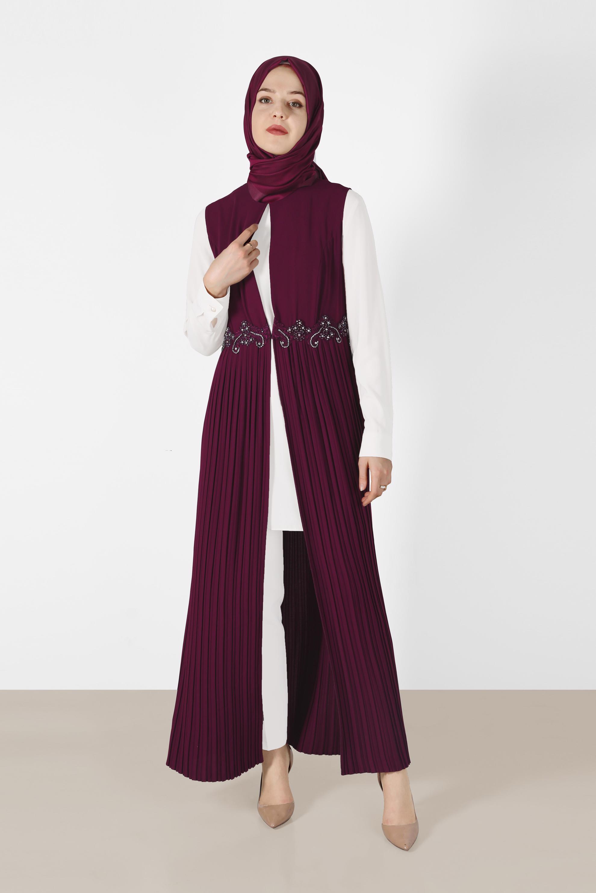 Tesettür giyim MÜRDÜM İŞLEME DETAYLI ETEĞİ PİLİSELİ 3&prime;LÜ PANT. TAKIM 3381P 